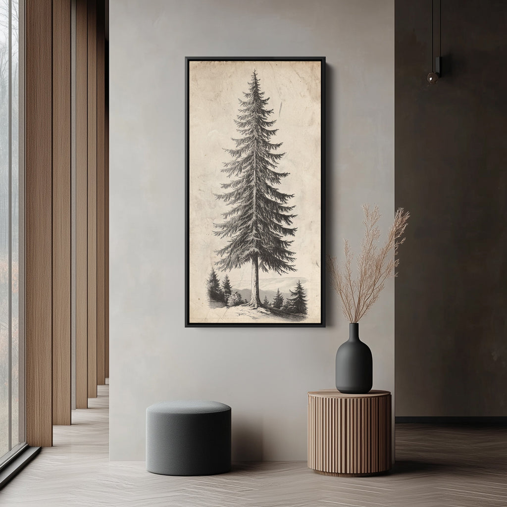 Vertical Wall Art Vintage Pine Illustration Tall Canvas For Office