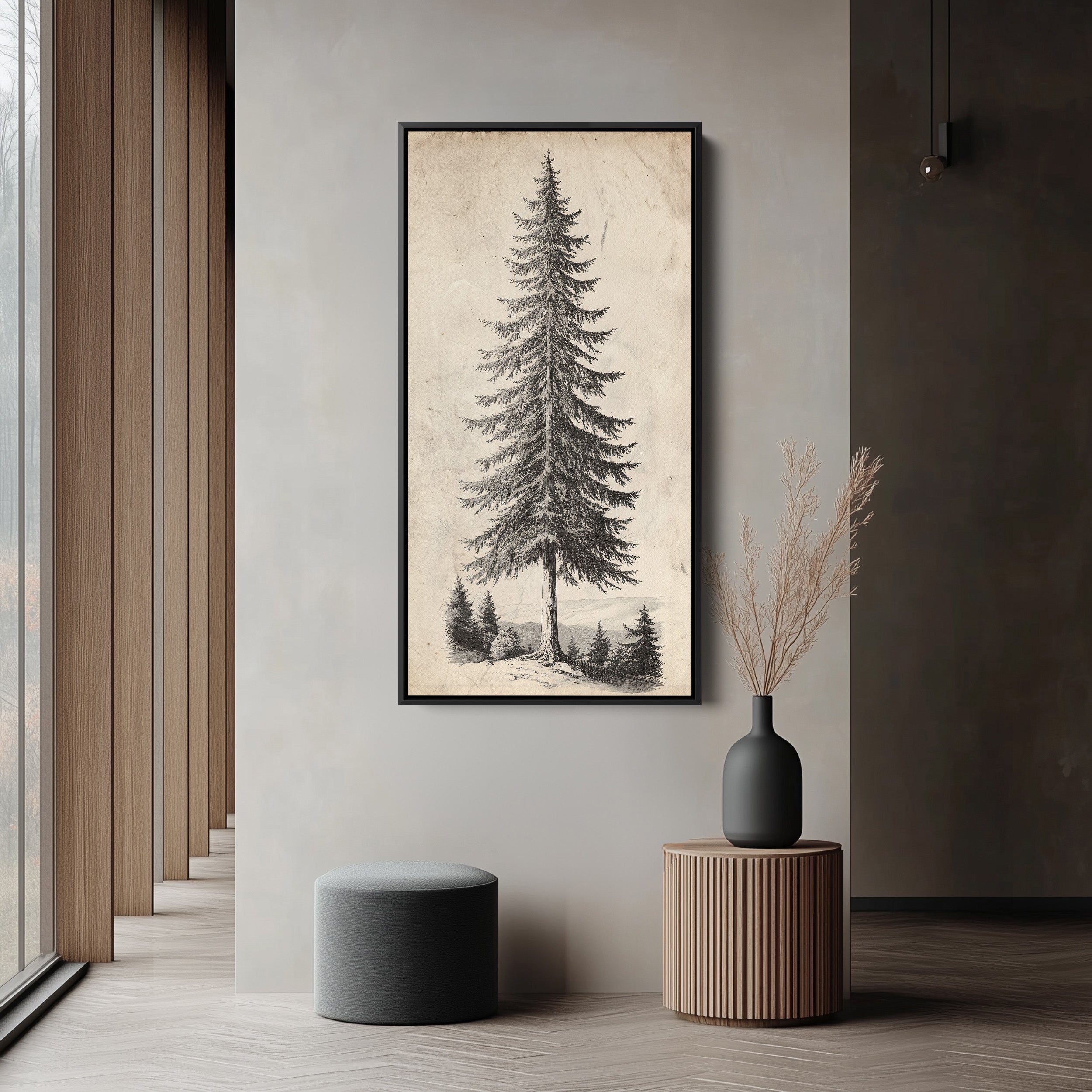 Vertical Wall Art Vintage Pine Illustration Tall Canvas For Office