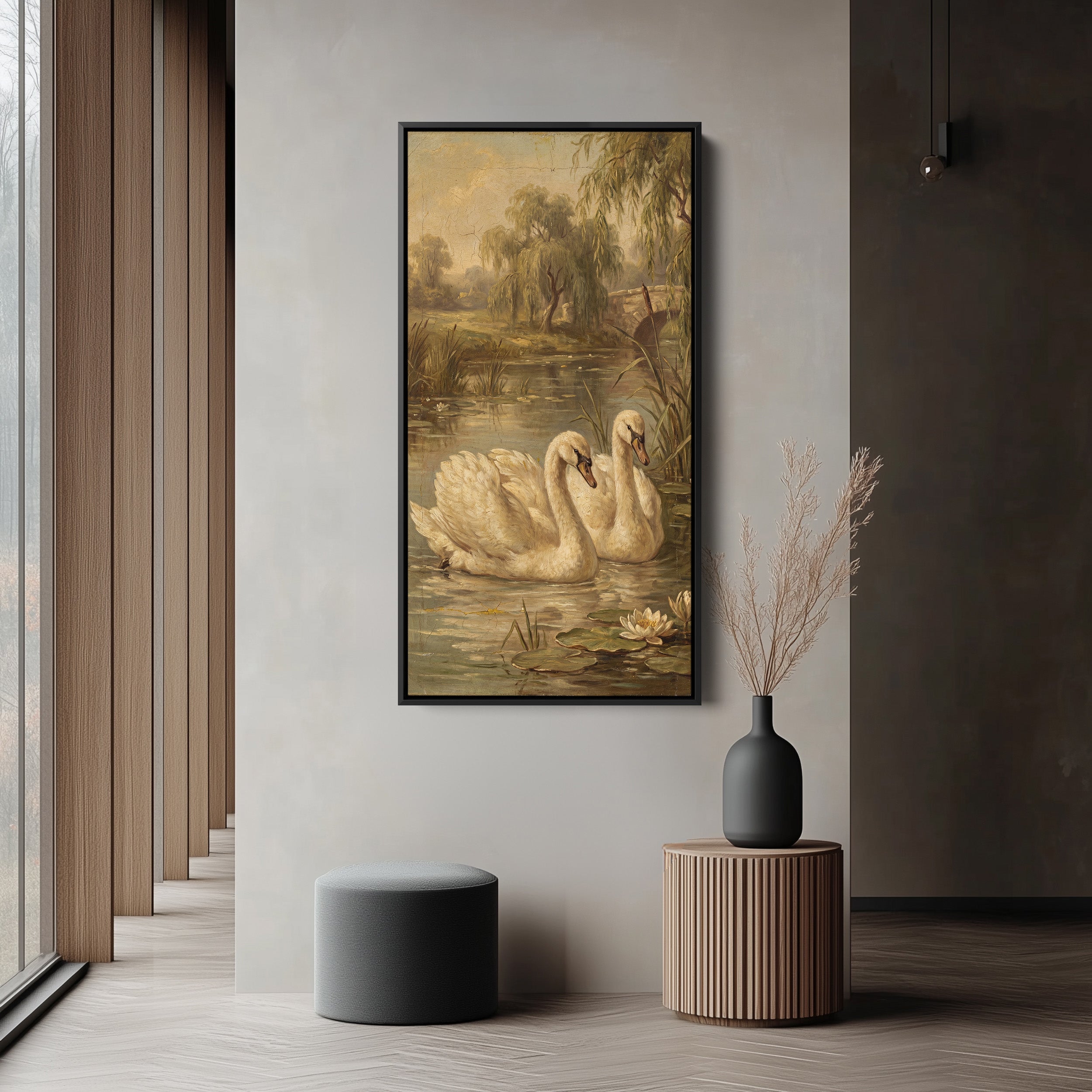Swans On Pond Tall Wall Art Framed Canvas Print For Bedroom