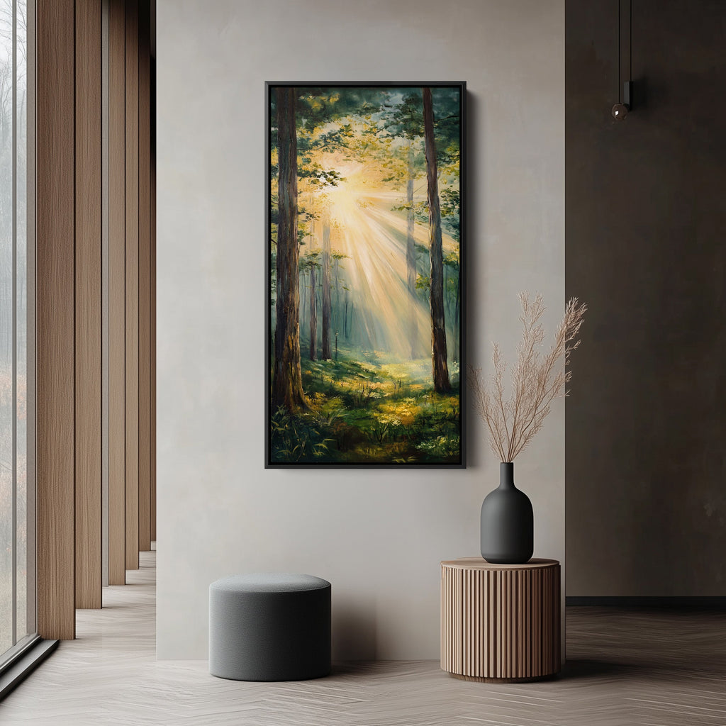 Sunlit Forest Rays Tall Wall Art Vertical Canvas For Bedroom