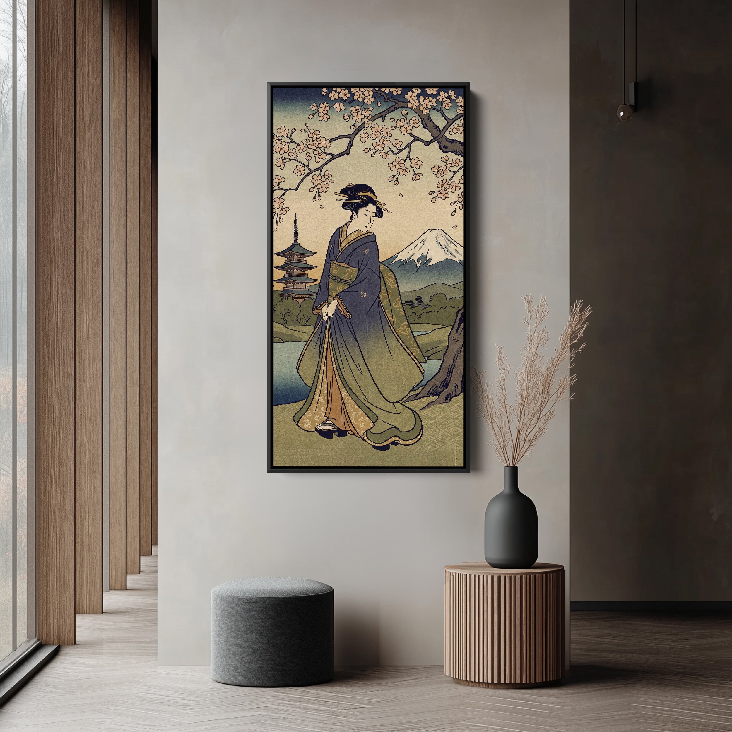 Tall Narrow Canvas Geisha Cherry Blossom Vertical Canvas For Office