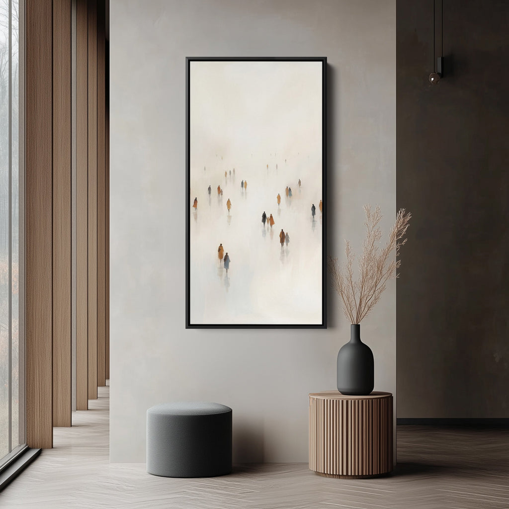 Tall Narrow Canvas For Office Figures Walking In Fog Vertical Canvas