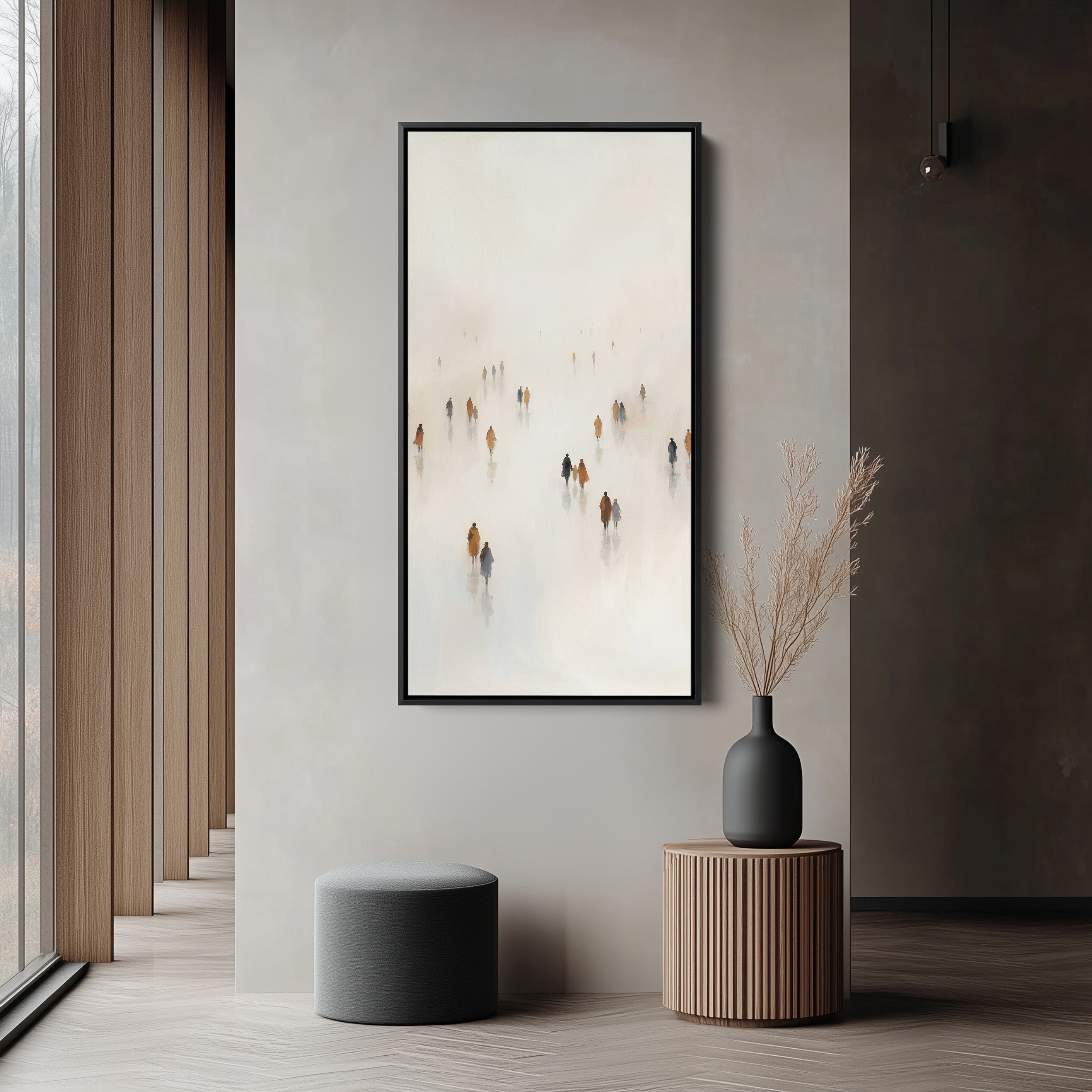 Tall Narrow Canvas For Office Figures Walking In Fog Vertical Canvas