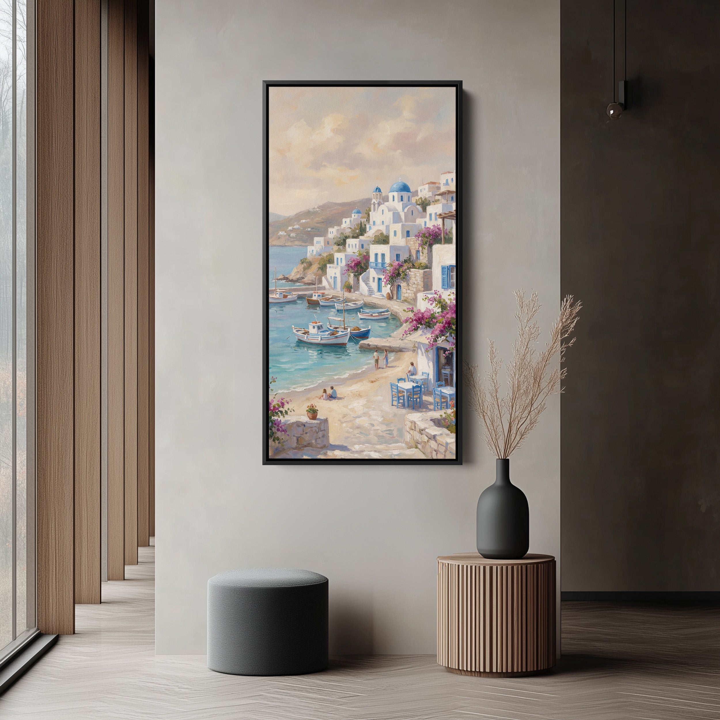 Coastal Village Harbour Boats Vertical Wall Art Framed Canvas Print For Bedroom