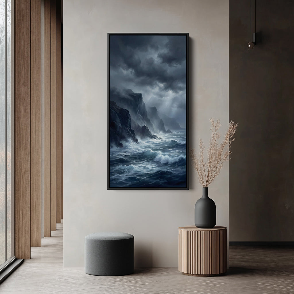 Tall Canvas Large Vertical Wall Art Stormy Sea And Cliffs For Hallway