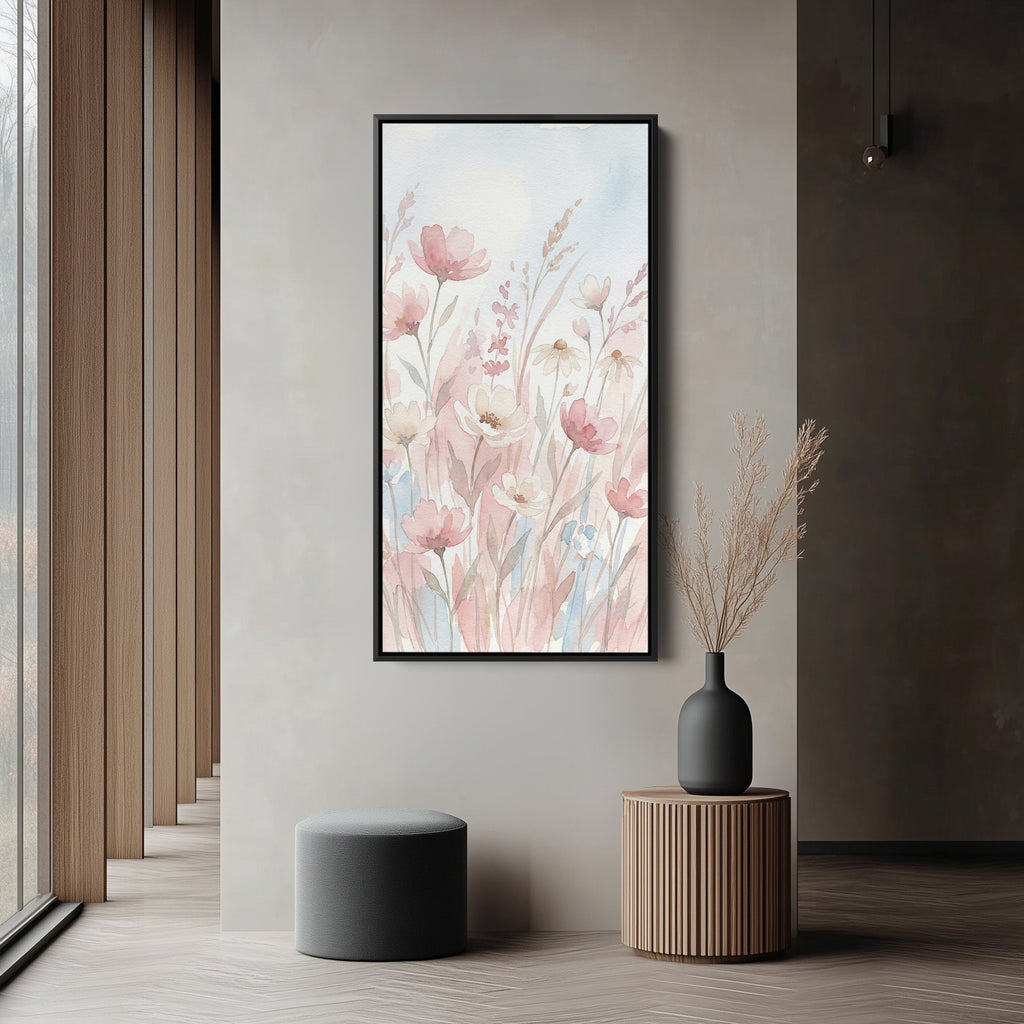 Long Wall Art Soft Pink Watercolour Flowers Tall Canvas For Bedroom