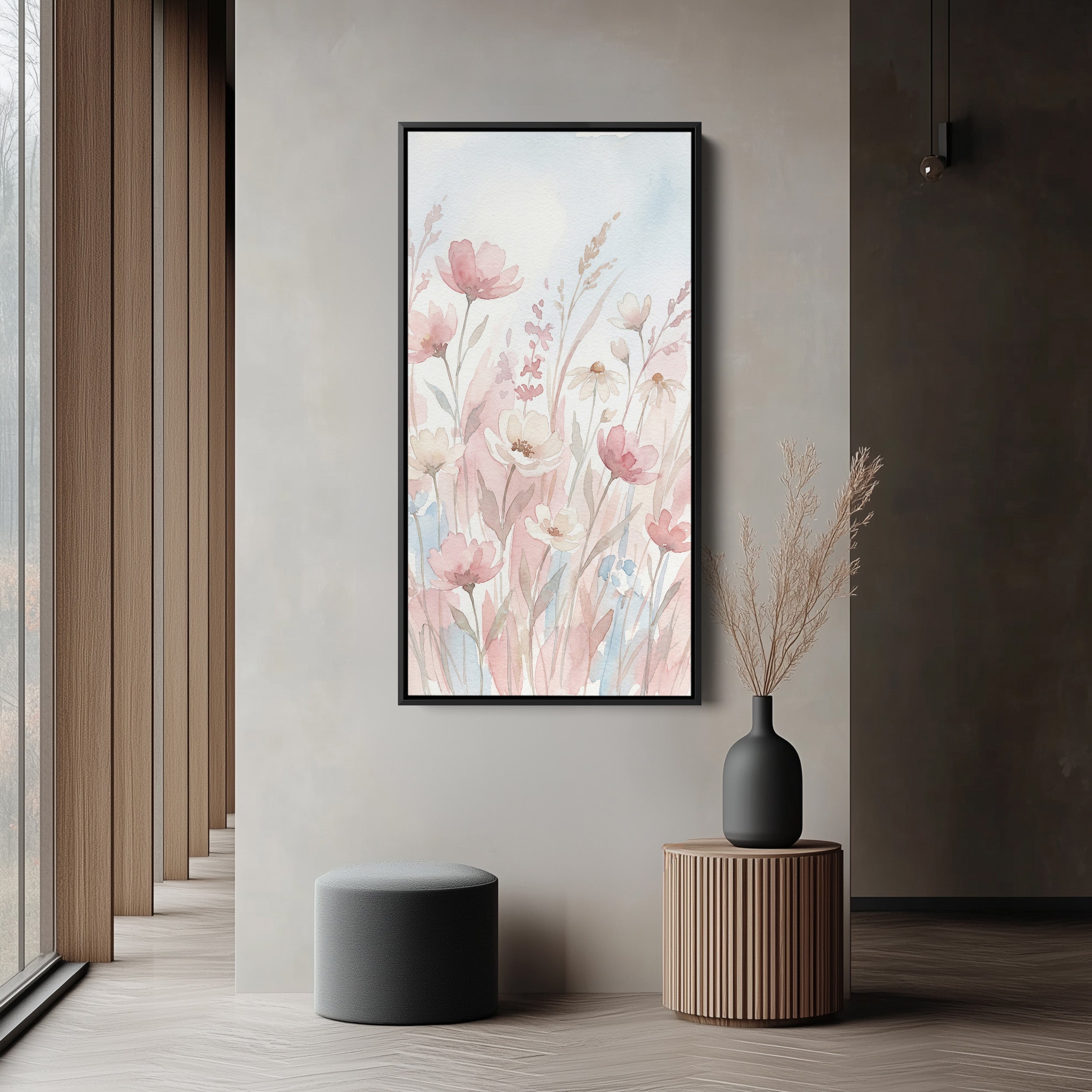 Long Wall Art Soft Pink Watercolour Flowers Tall Canvas For Bedroom