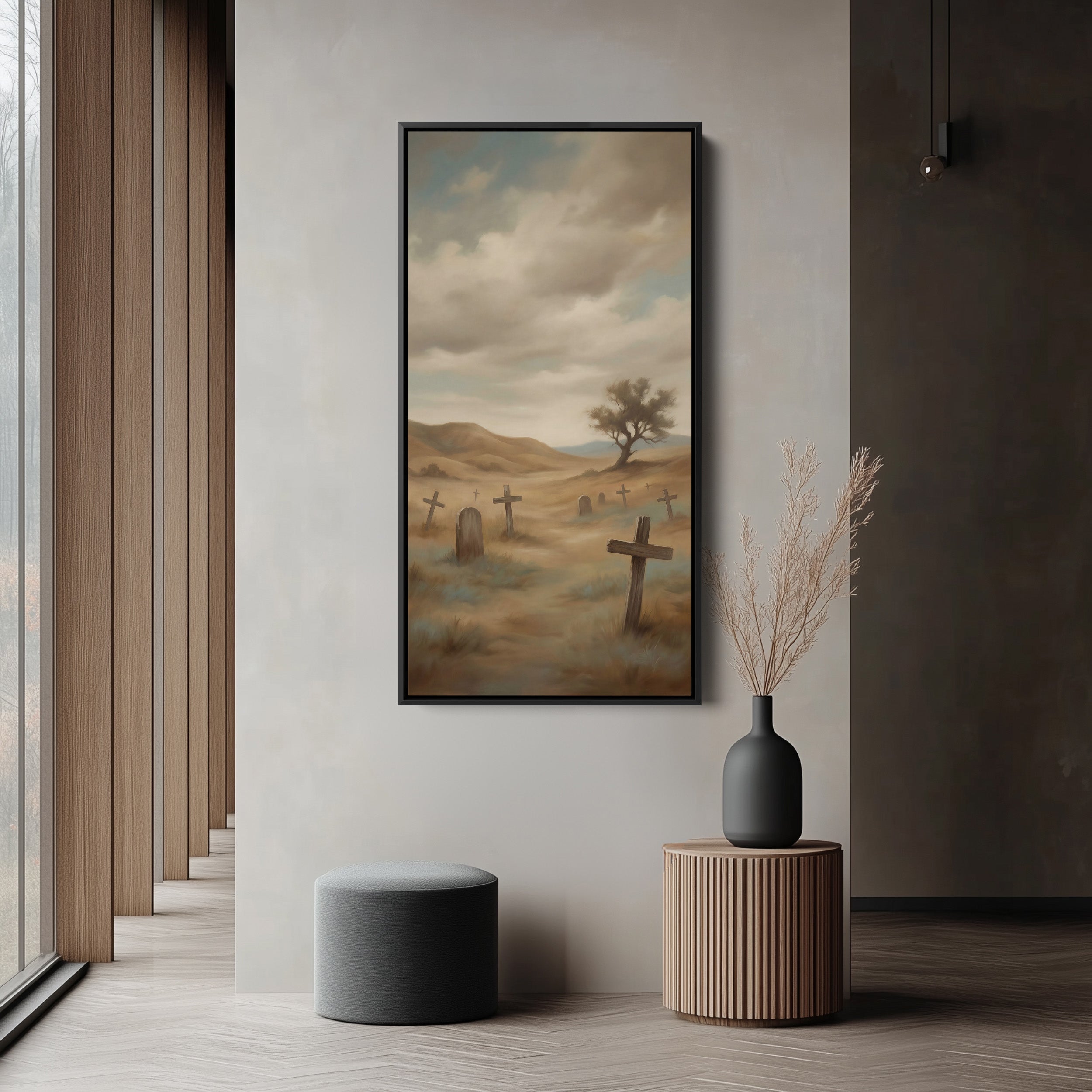 Large Vertical Wall Art Tall Narrow Canvas Graveyard Crosses In Mist For Office