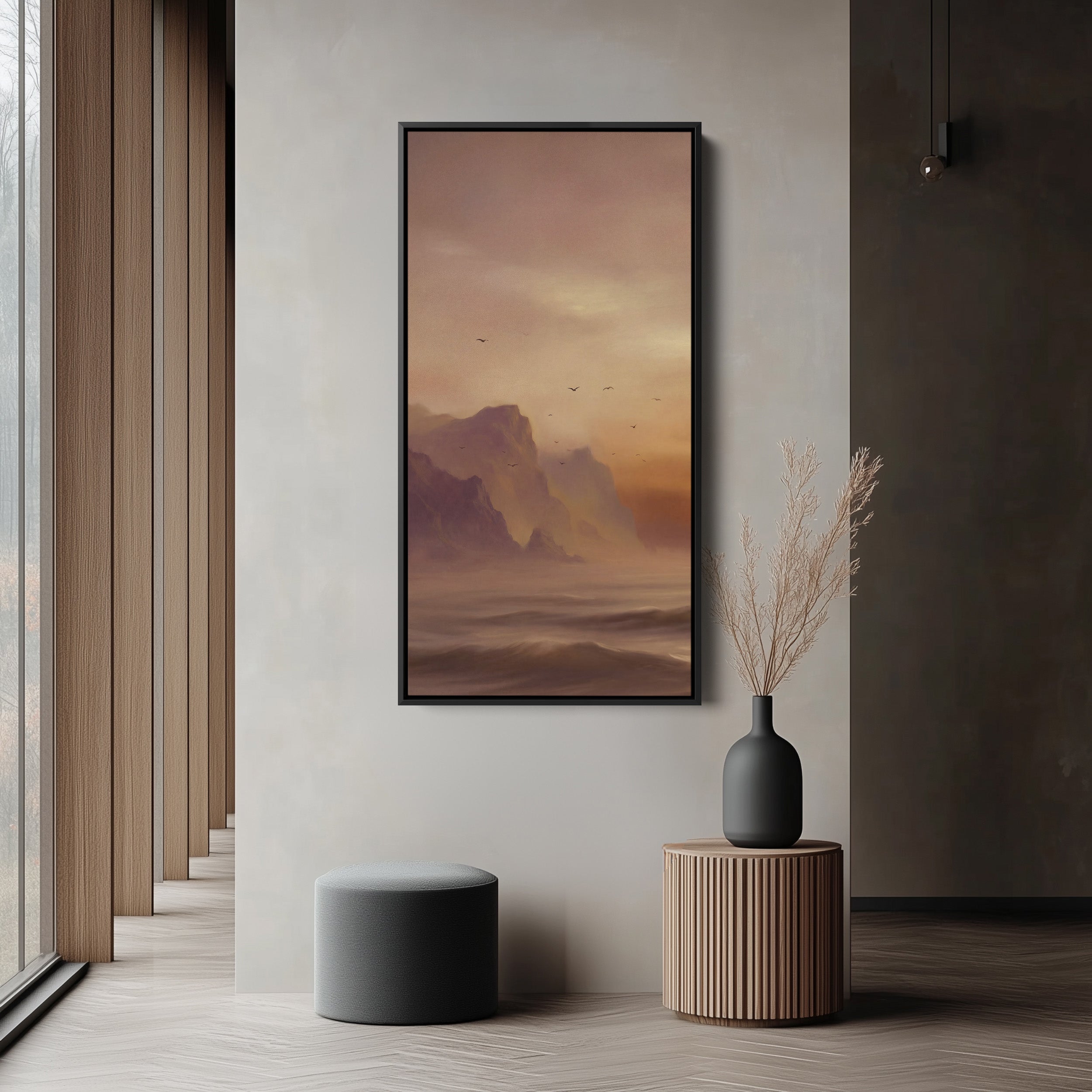 Misty Coastal Cliffs Birds Large Vertical Wall Art Framed Canvas Print For Bedroom