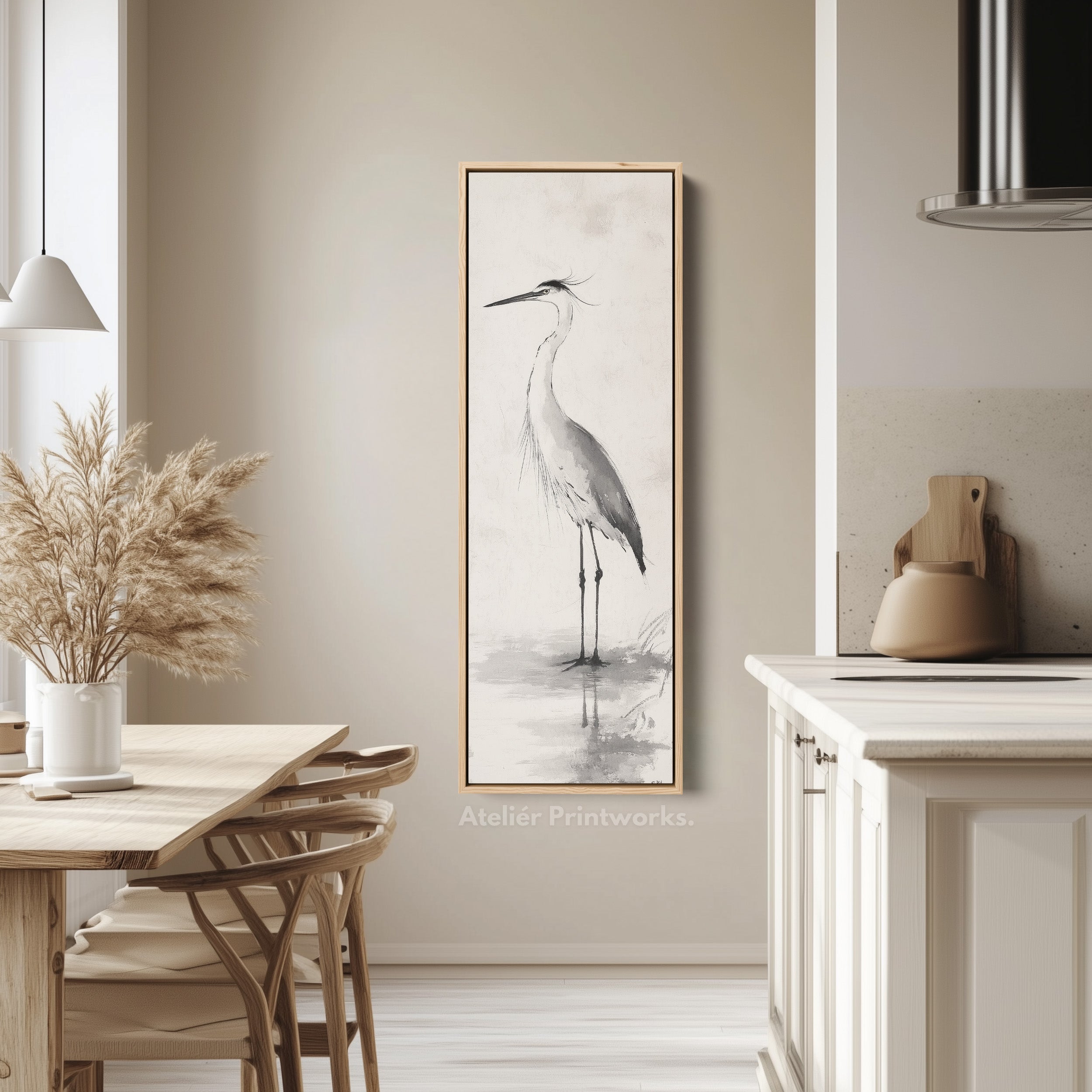 Neutral Heron Narrow Tall Wall Art Large Framed Picture