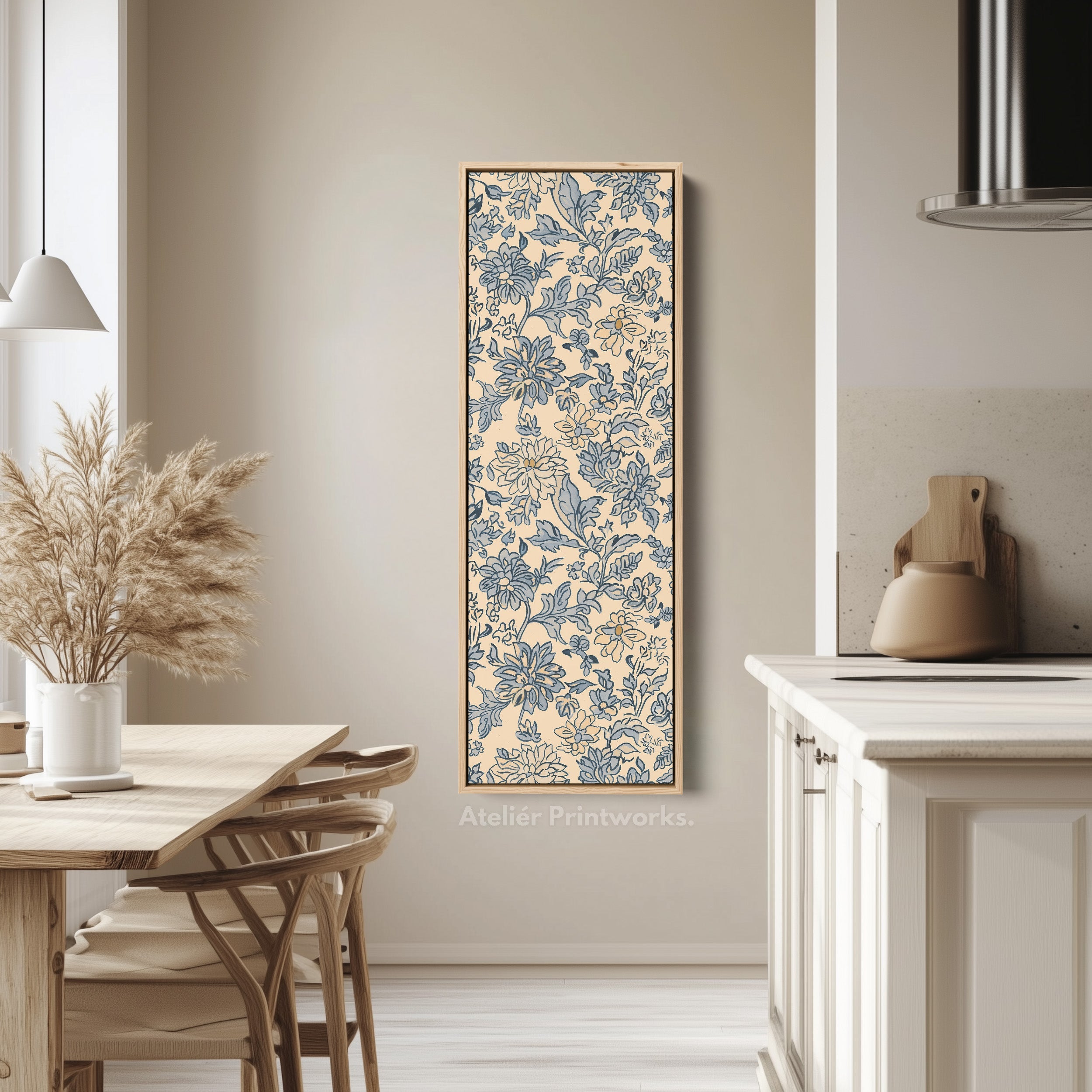 Vintage Beige & Blue Floral Vertical Long Wall Decor
