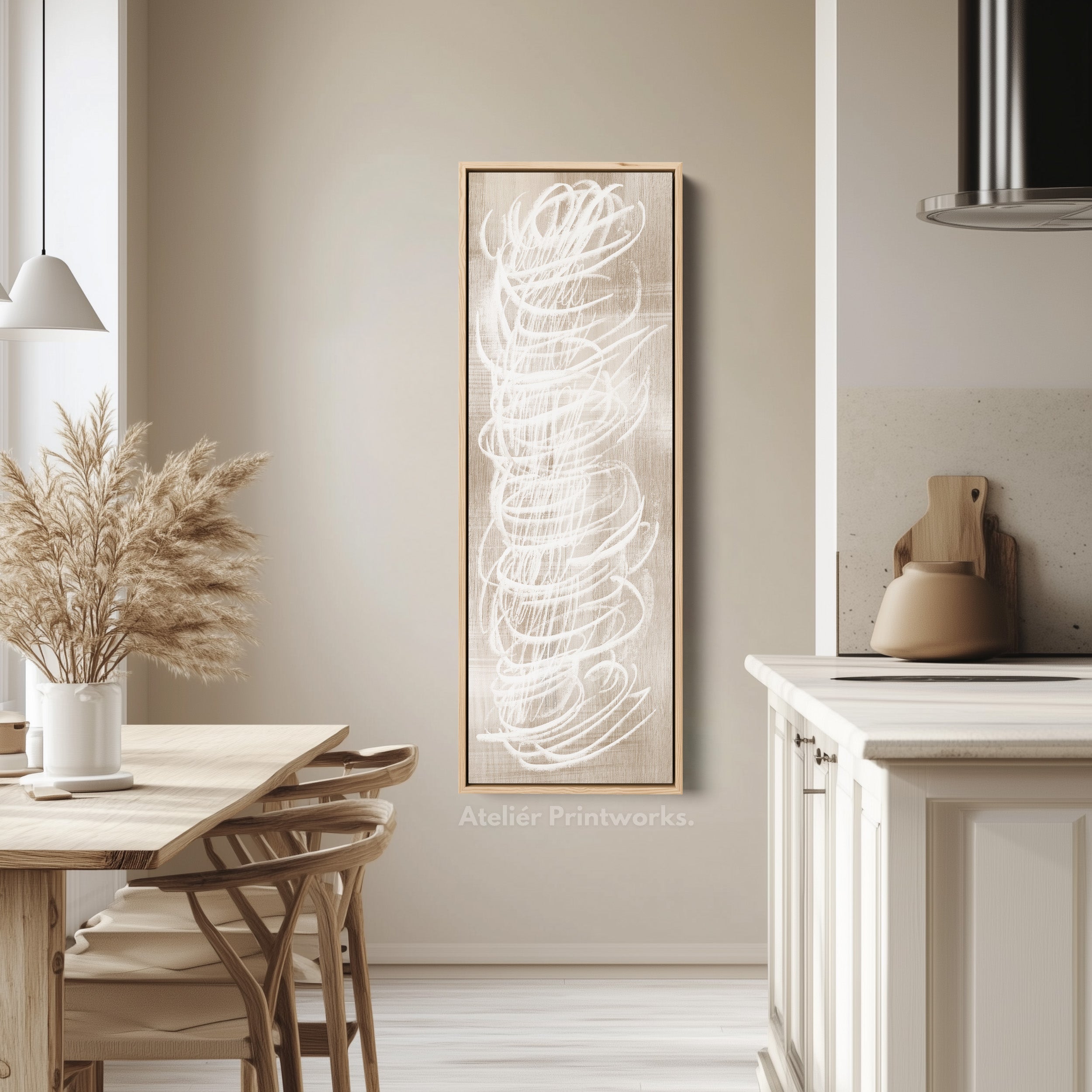 Abstract White Minimalist Long Vertical Framed Canvas Wall Decor