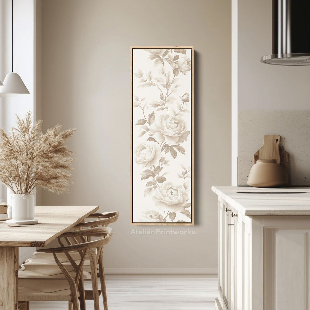 Vertical Beige Peonies Floral Long Framed Canvas Decor