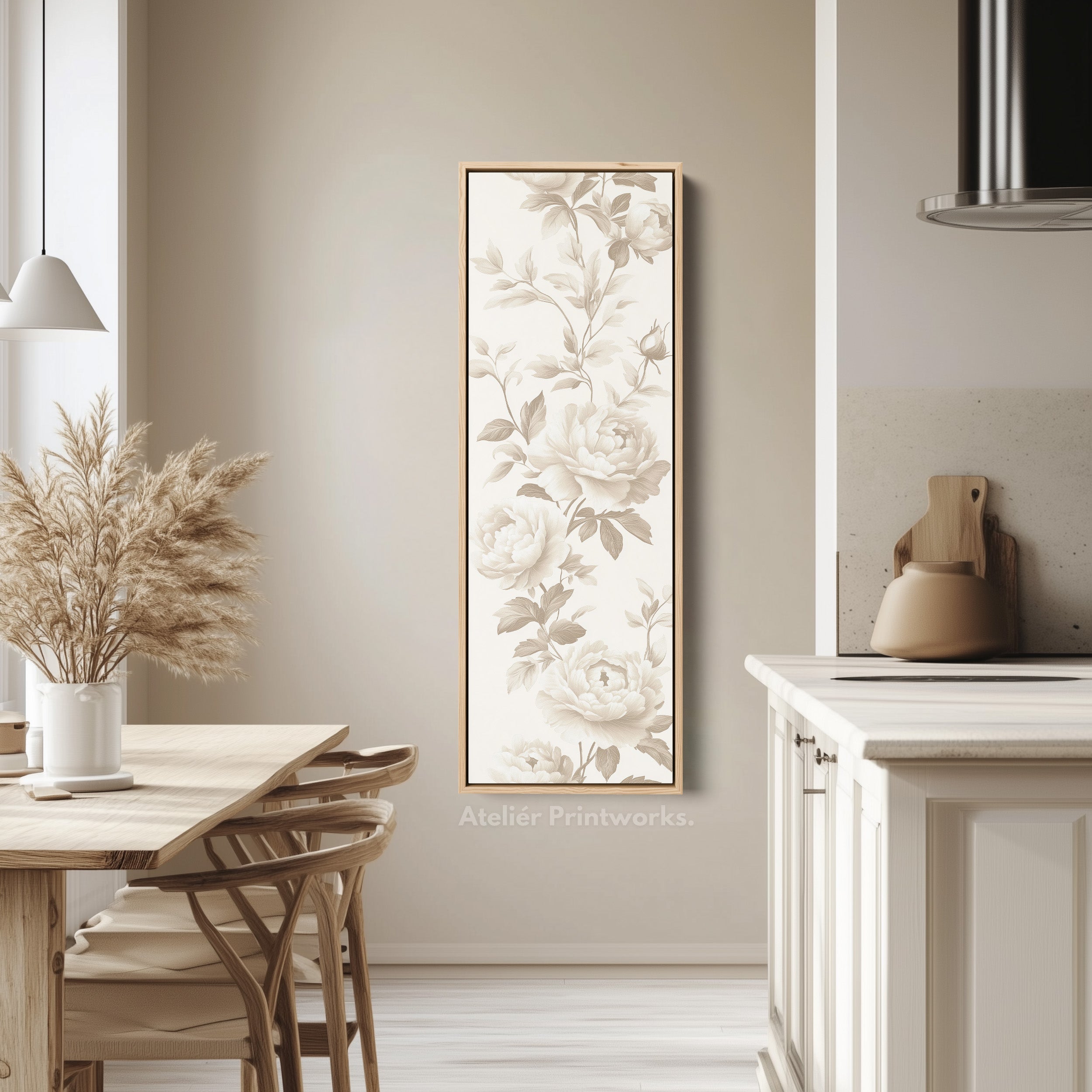 Vertical Beige Peonies Floral Long Framed Canvas Decor