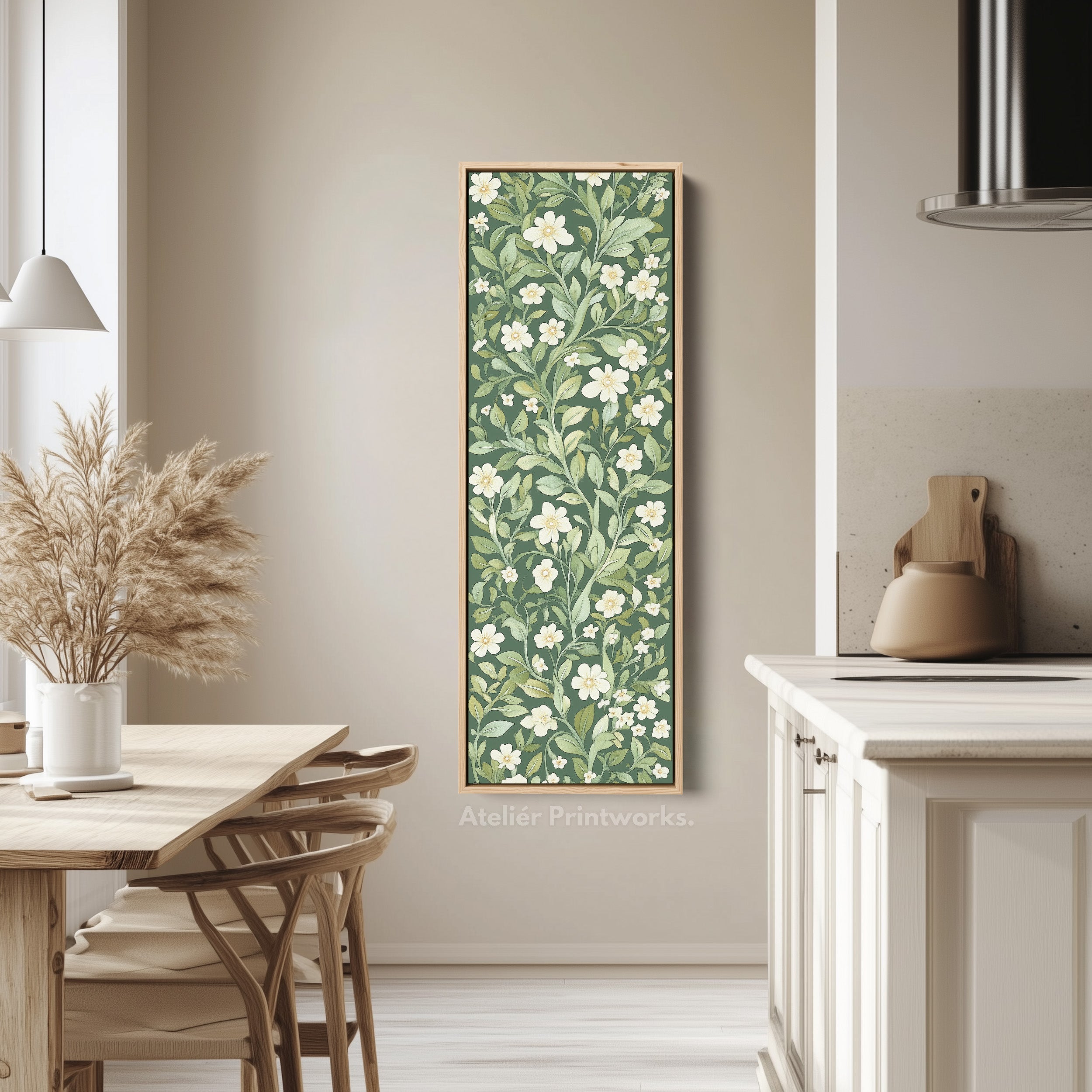 Framed Canvas Narrow Vertical White & Green Floral