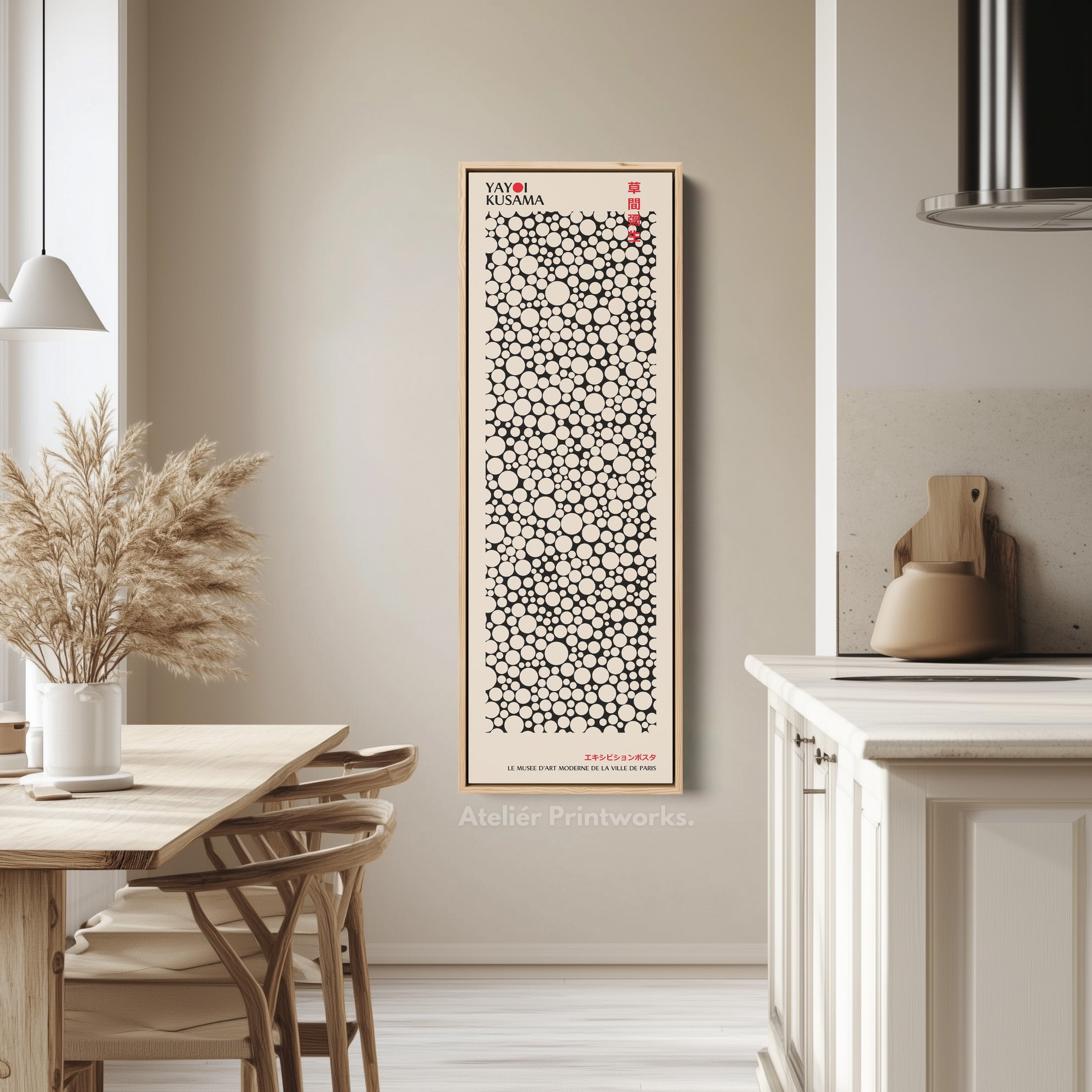 Yayoi Kusama Style Long Framed Canvas – Large Vertical Japanese Abstract Wall Art, Japandi Style, Japanese Poster Print