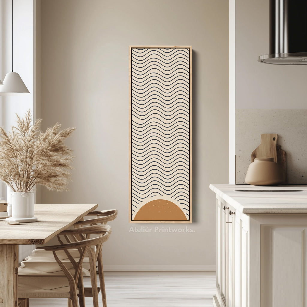 Minimalist Sunrise Waves Long Framed Canvas Wall Art for Hallway or Meditation Space