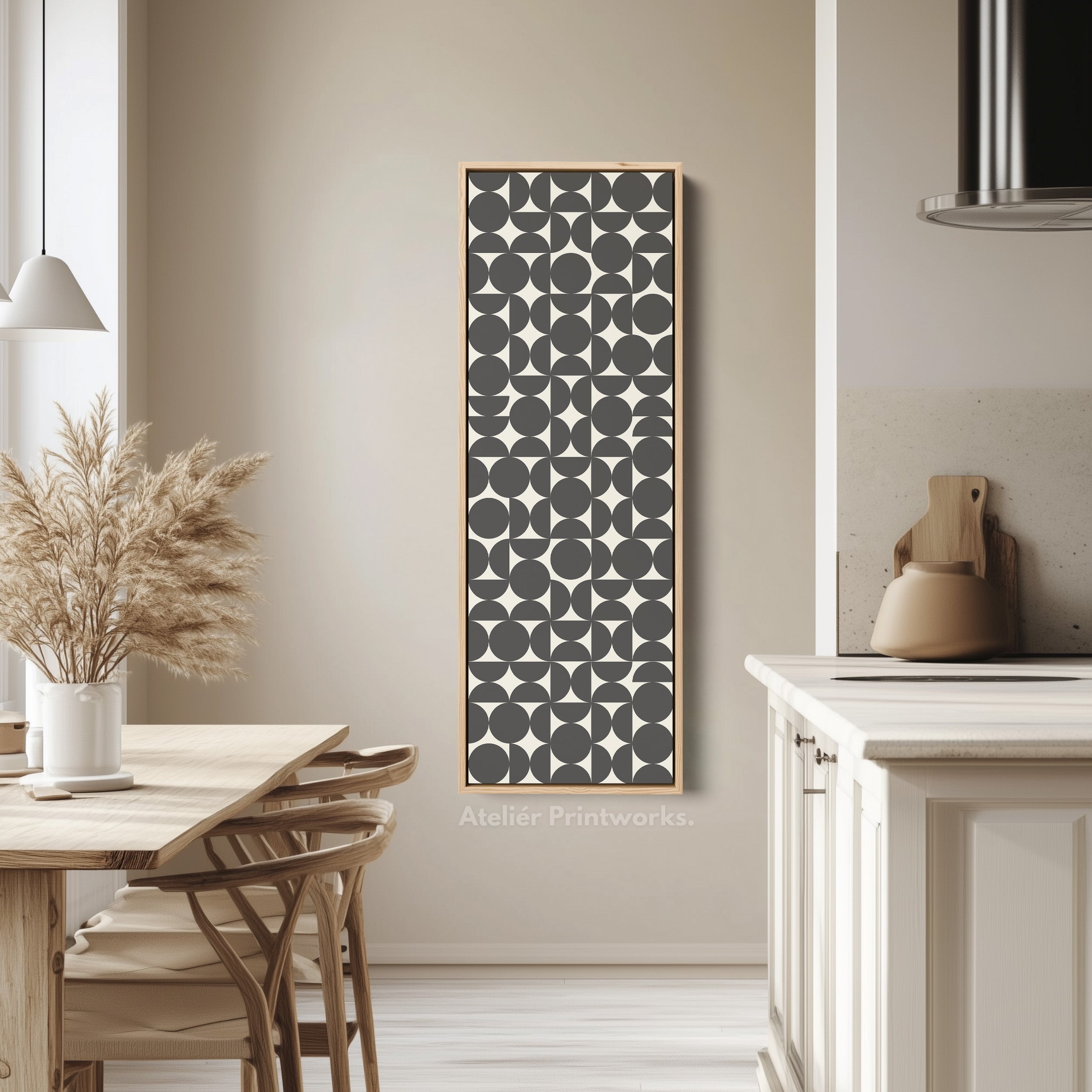 Retro Circle Grid Long Vertical Framed Canvas for Modern Living Room or Hallway