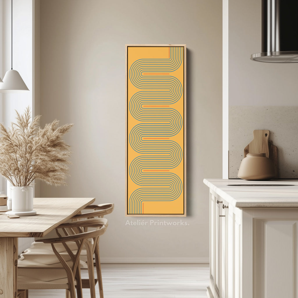 Playful Retro Curves Mustard Vertical Framed Canvas for Bedroom or Creative Workspace