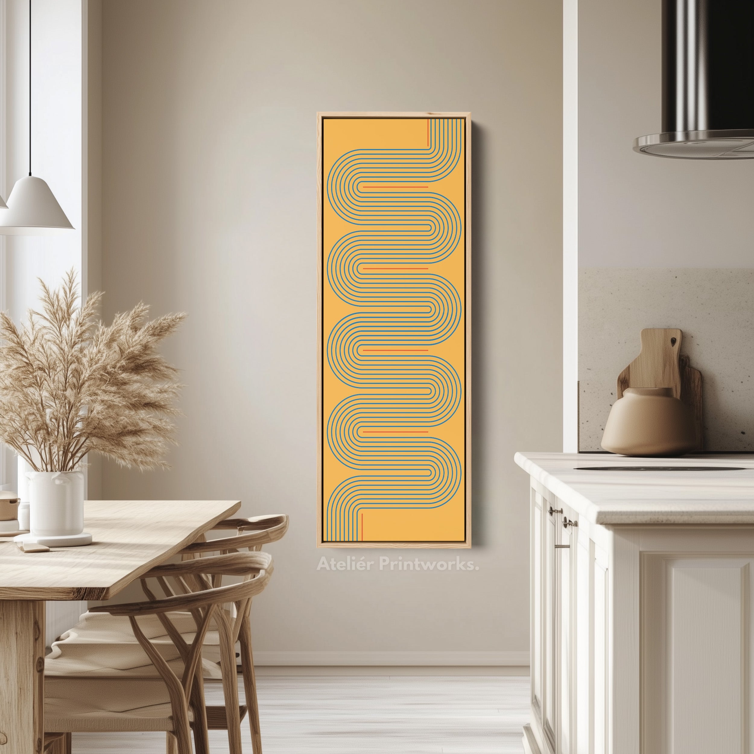 Playful Retro Curves Mustard Vertical Framed Canvas for Bedroom or Creative Workspace