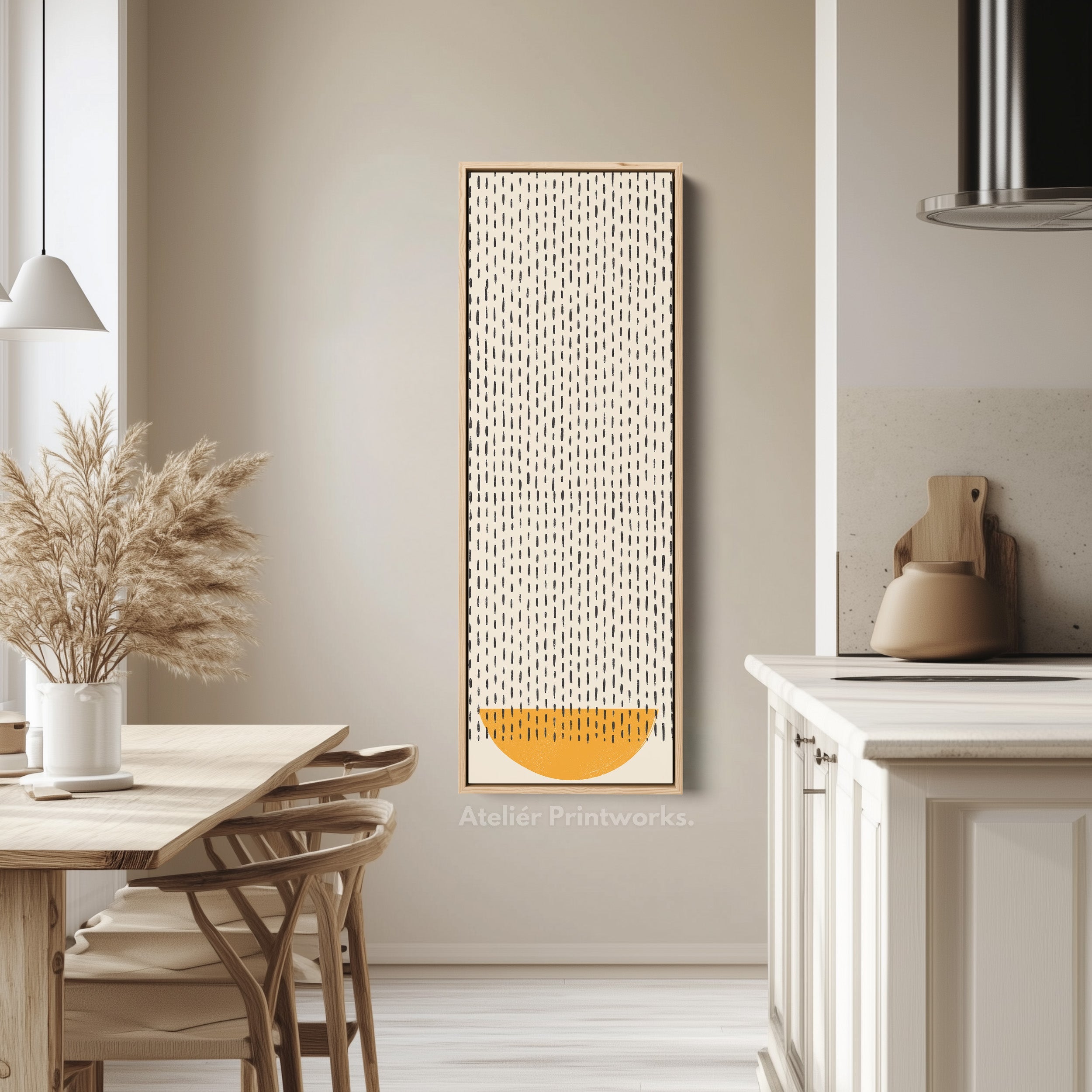 Minimalist Orange Half Circle Vertical Framed Canvas Wall Art for Hallway or Bedroom