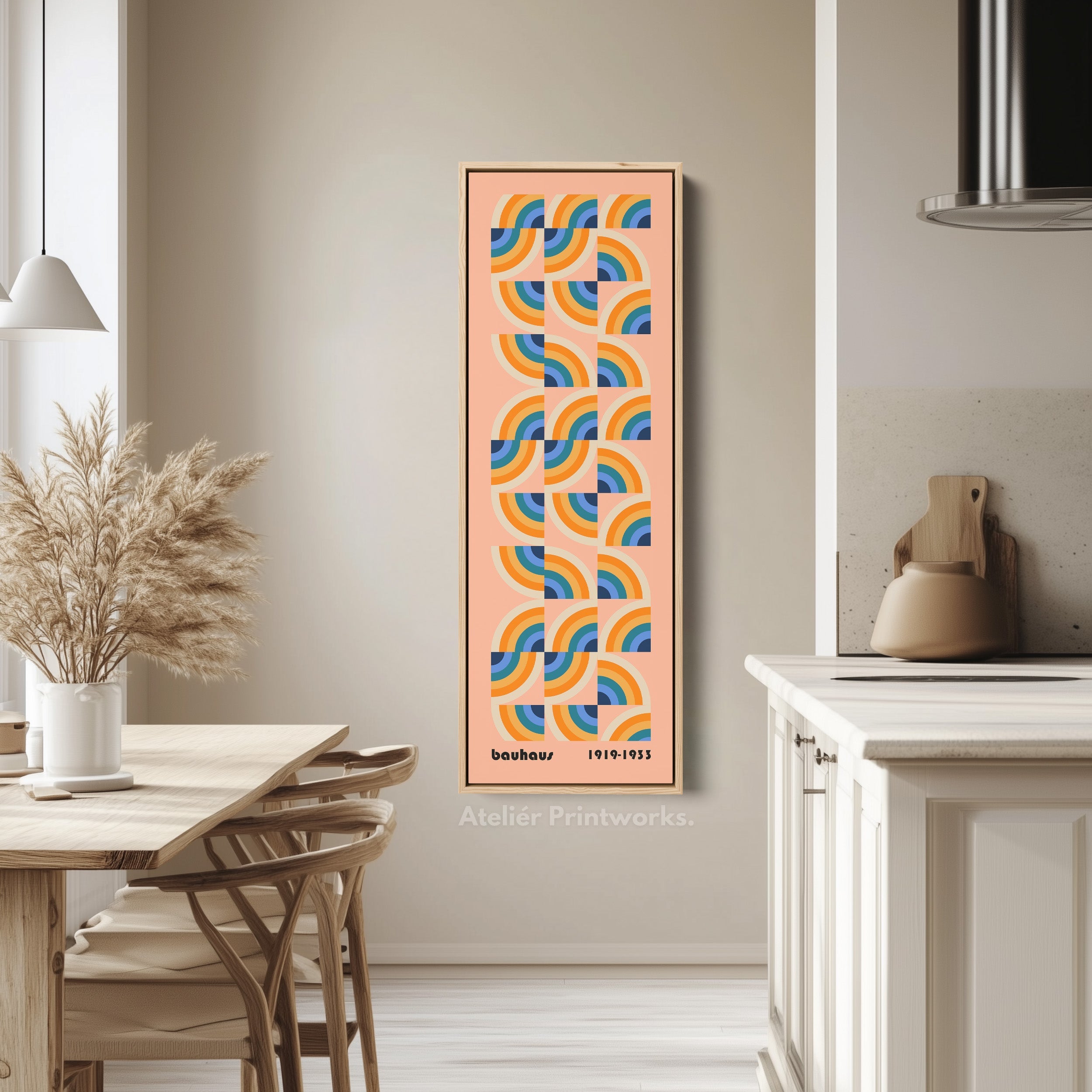 Vibrant Bauhaus Rainbow Arches Vertical Framed Canvas Wall Art for Living Room or Office