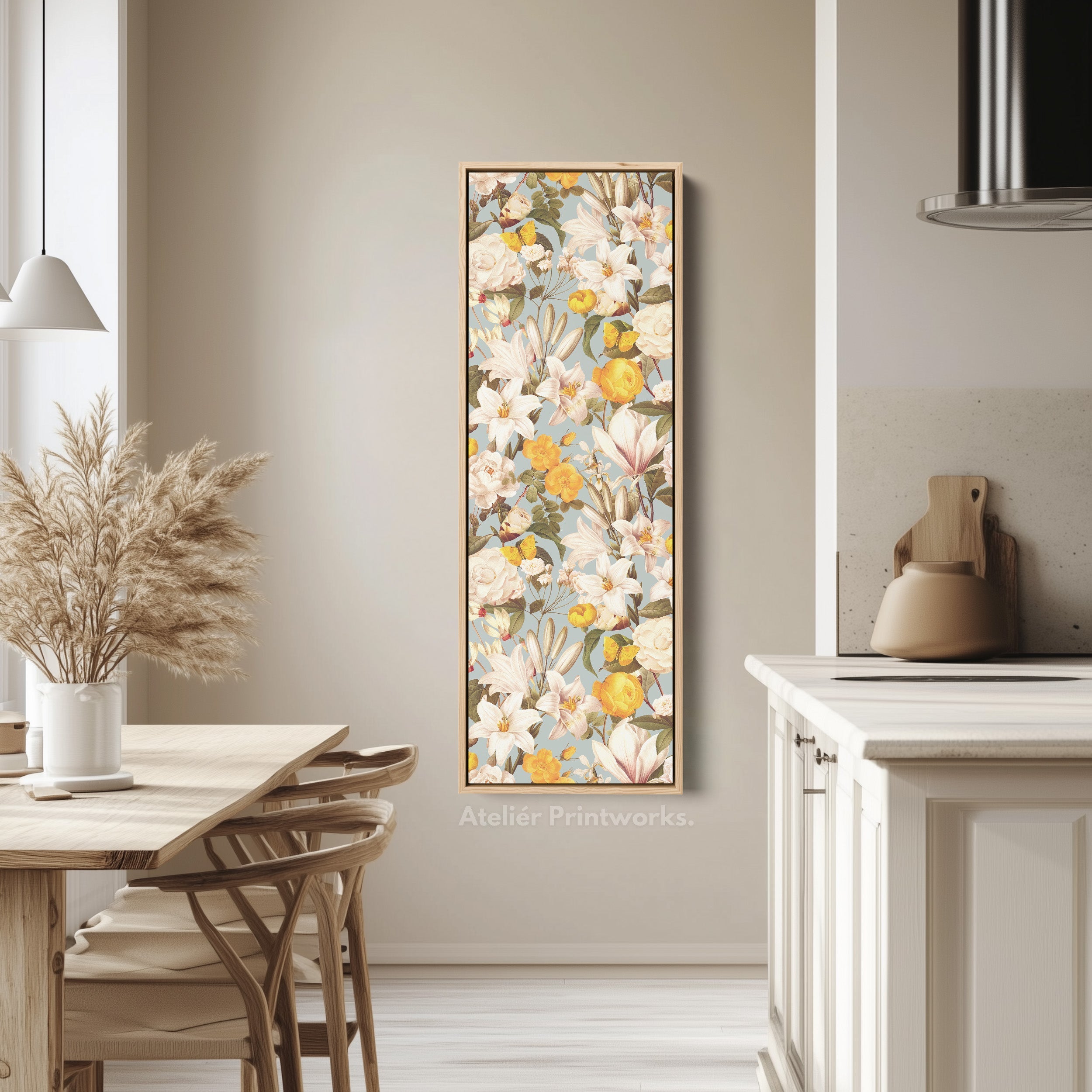 Long Vertical Canvas Yellow White Florals Narrow Wall Art For Kitchen