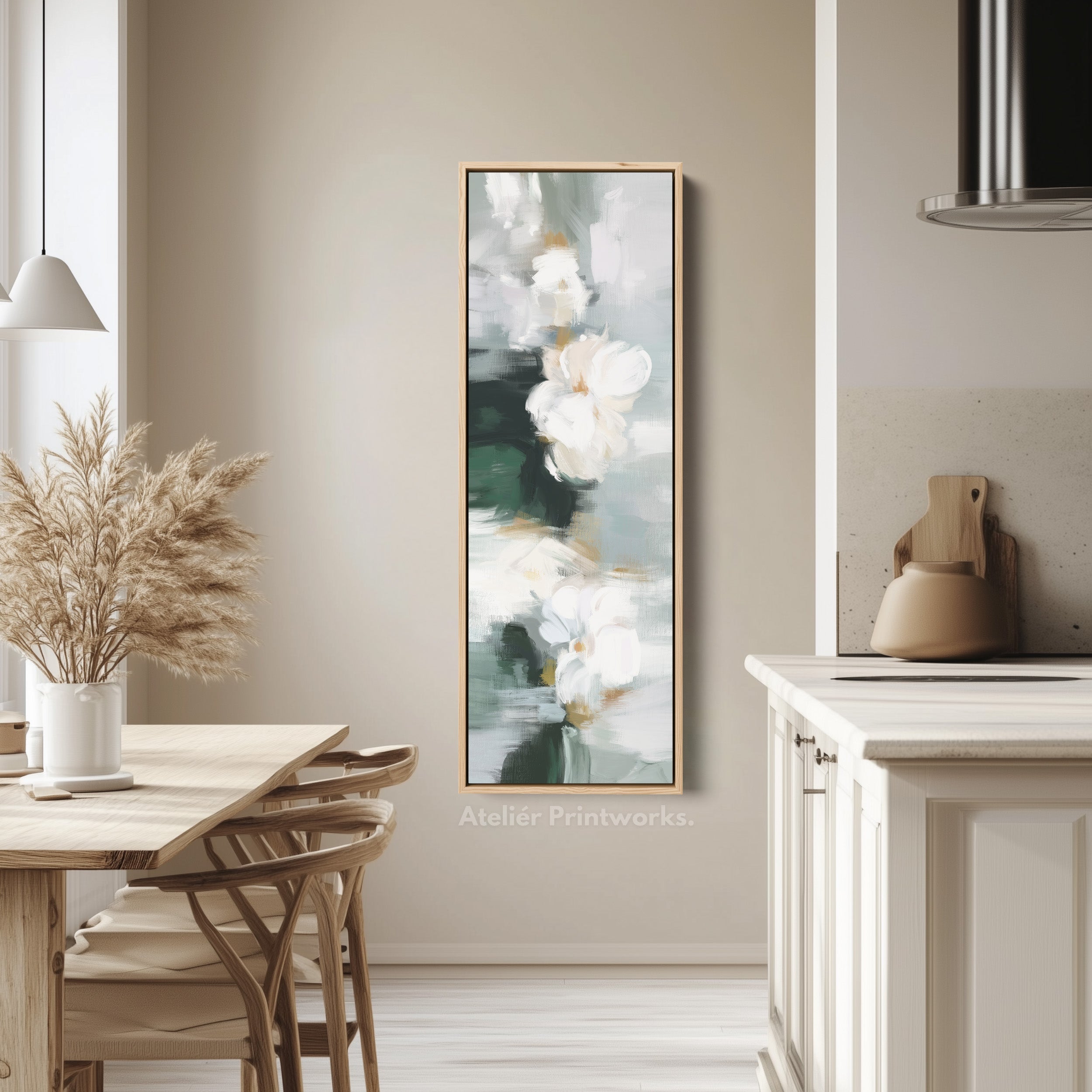 Vertical Wall Art White Floral On Deep Green For Bedroom Or Hallway
