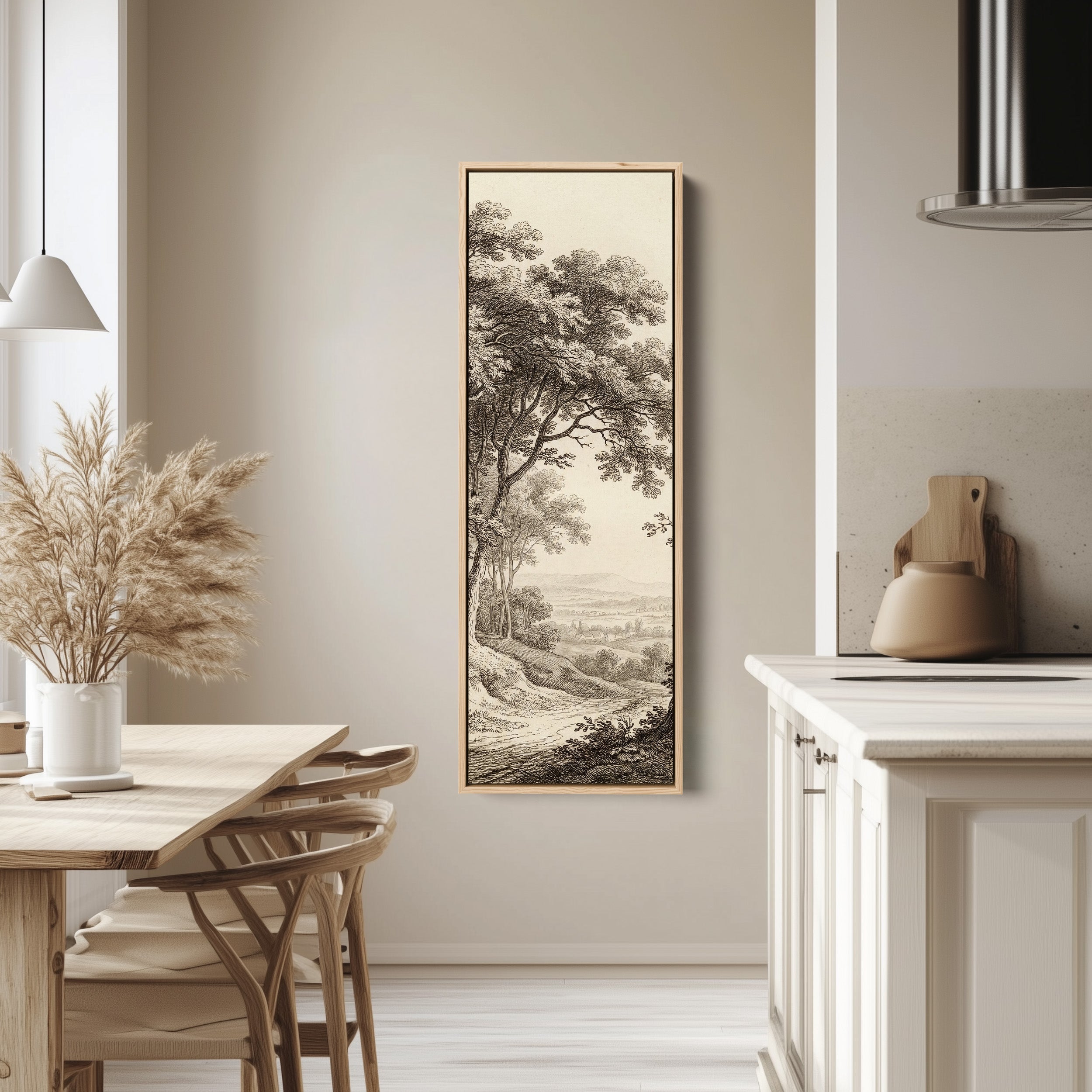 Vertical Wall Art Vintage Countryside Engraving Framed Canvas Living Room