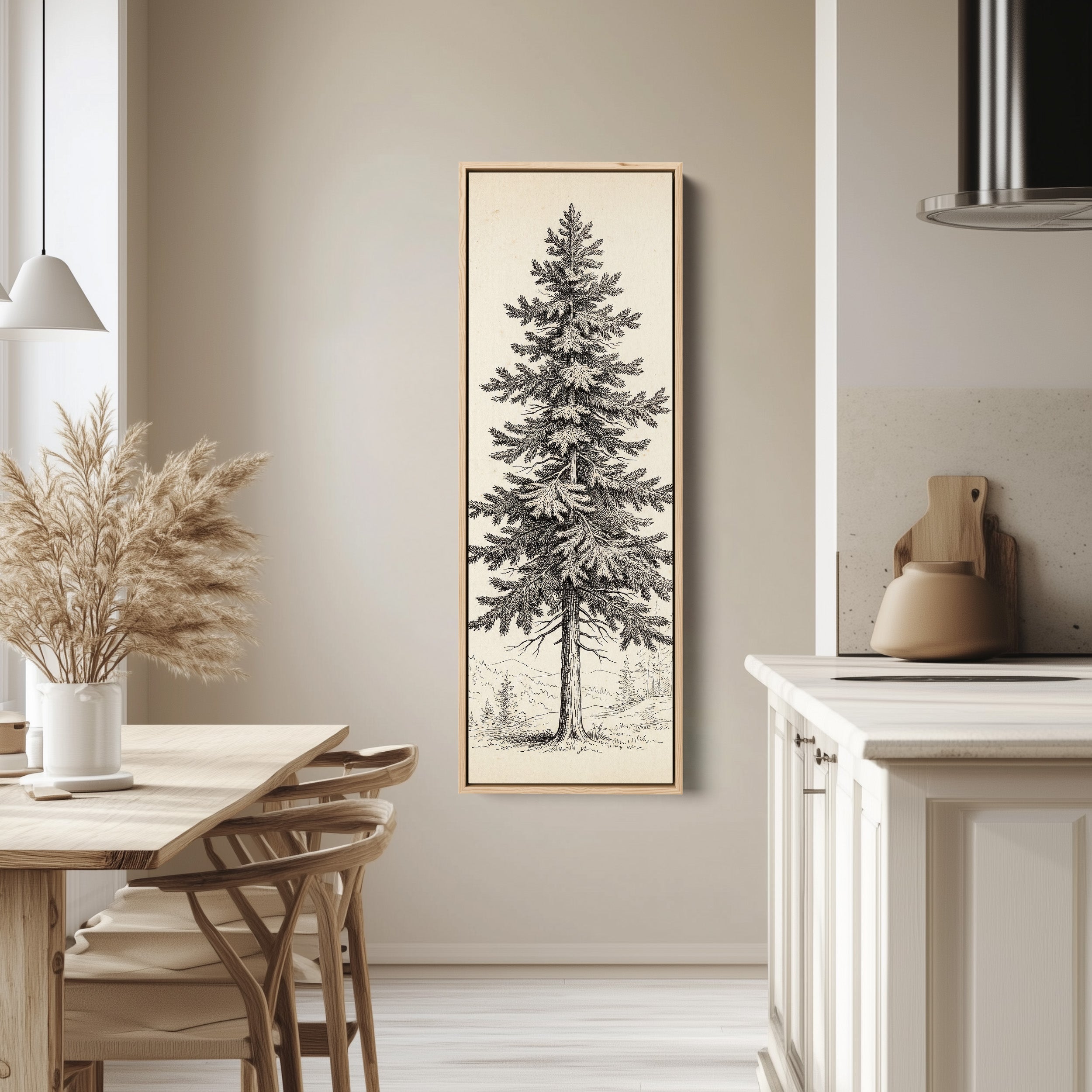 Vintage Pine Illustration Vertical Wall Art Wide Canvas Office