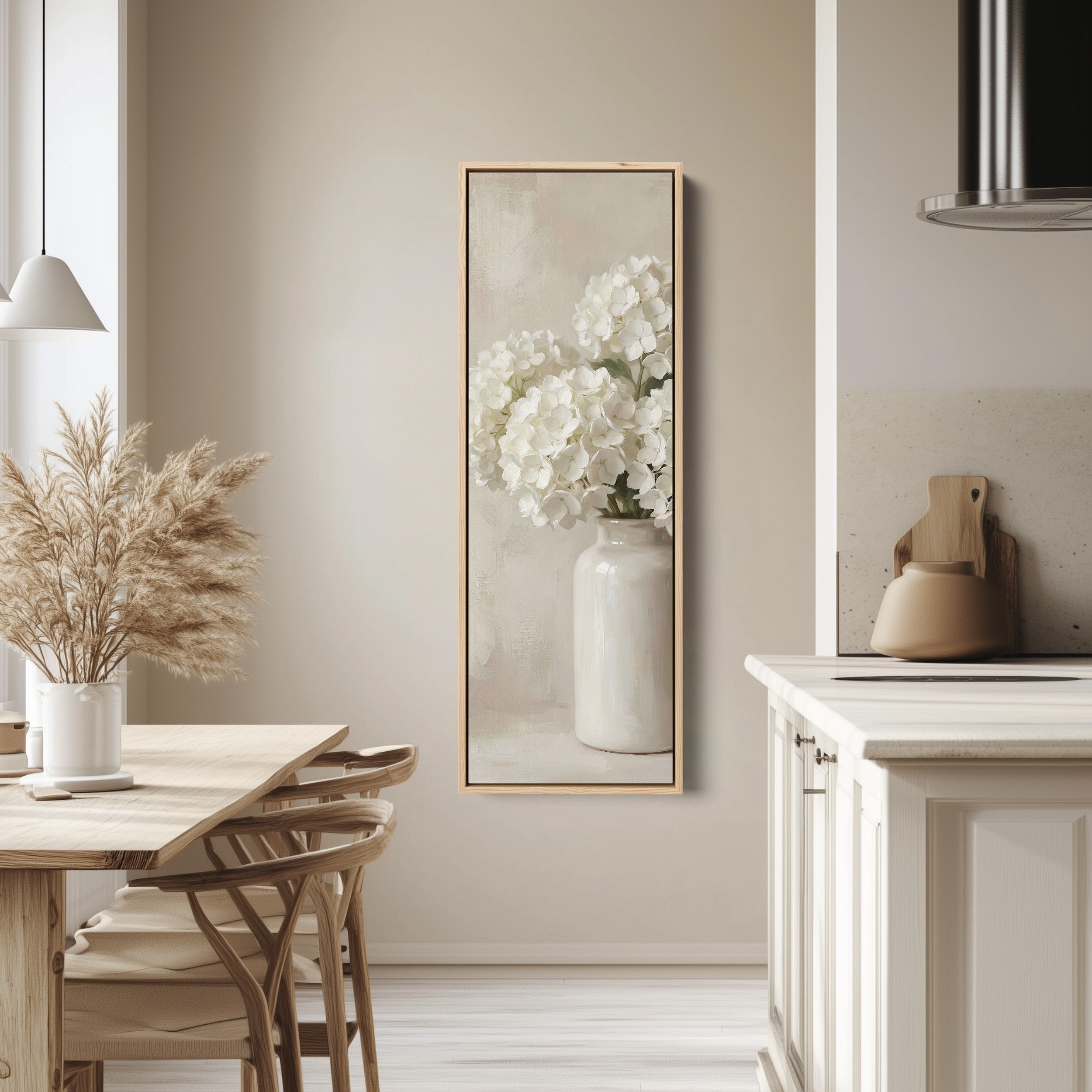 White Hydrangea Tall Wall Art Neutral Canvas Bedroom
