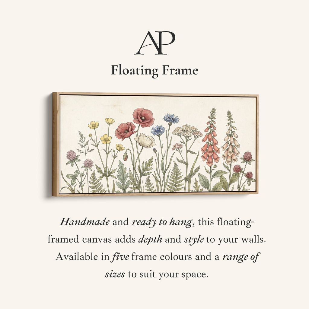 Panoramic Wall Art Vintage Meadow Flowers Illustration Extra Wide Canvas For Bedroom