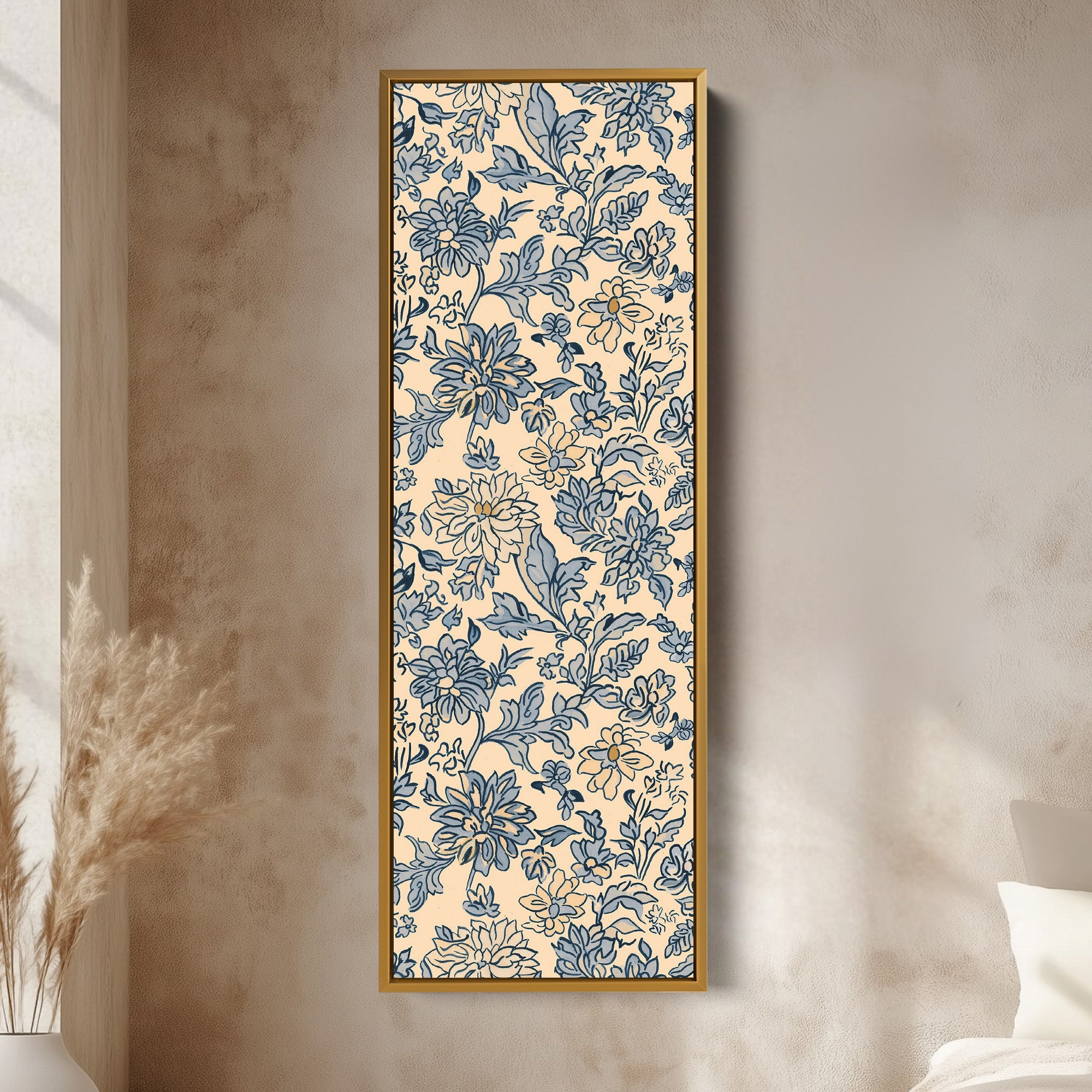 Vintage Beige & Blue Floral Vertical Long Wall Decor
