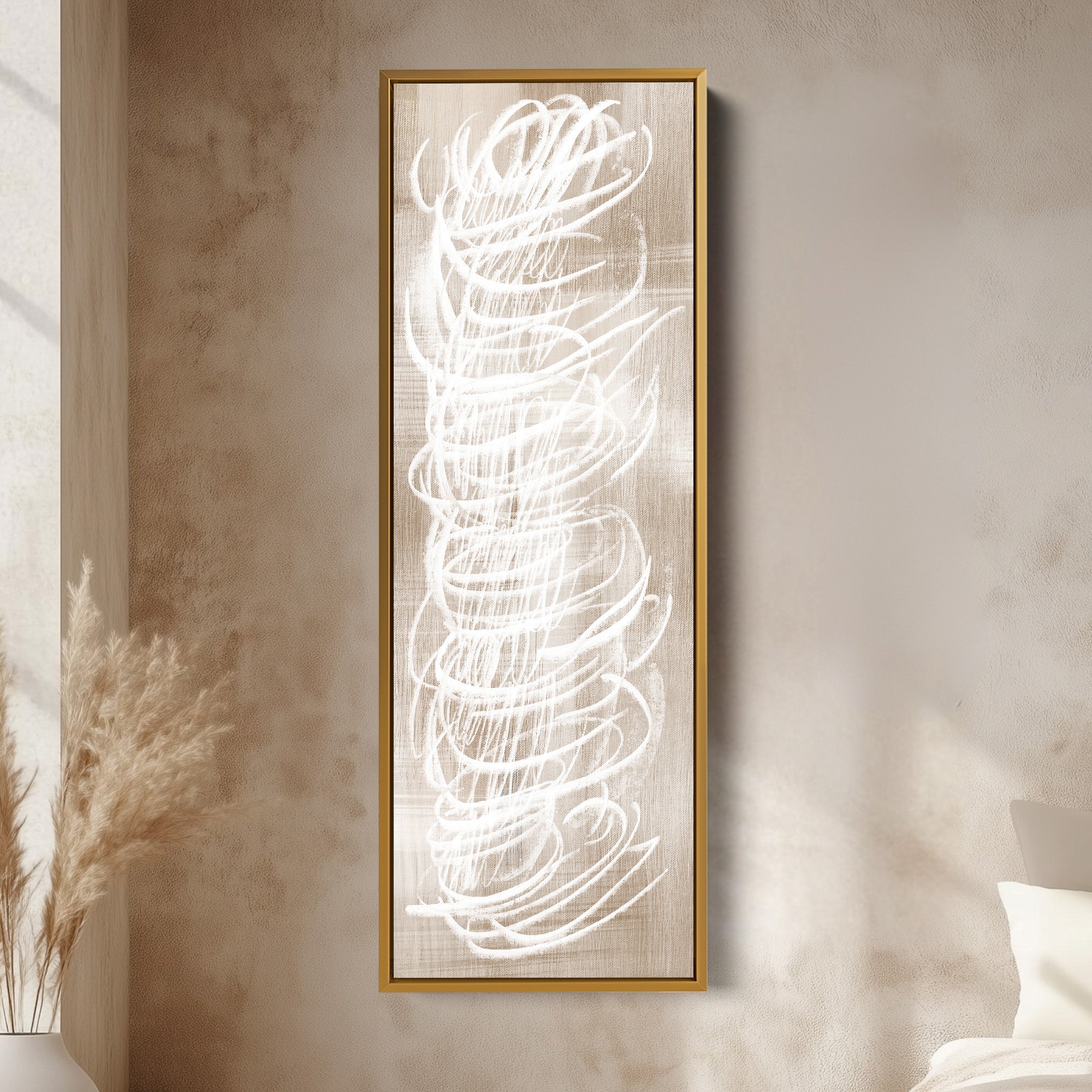 Abstract White Minimalist Long Vertical Framed Canvas Wall Decor