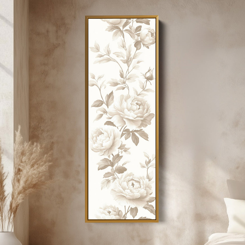 Vertical Beige Peonies Floral Long Framed Canvas Decor