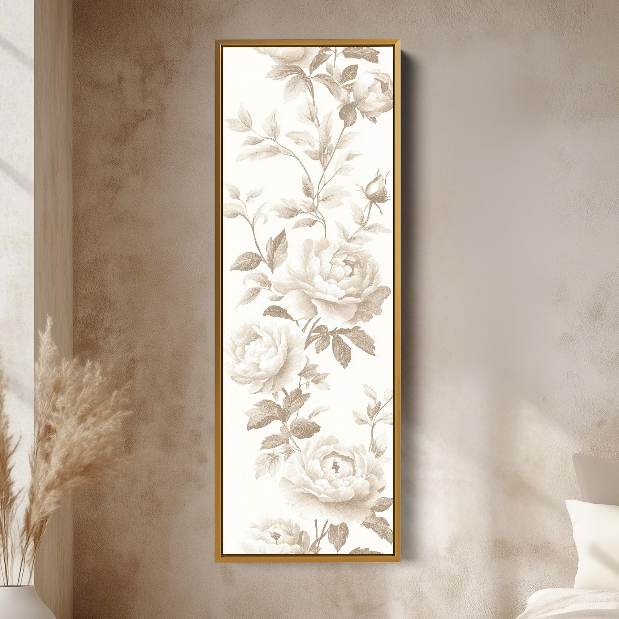 Vertical Beige Peonies Floral Long Framed Canvas Decor
