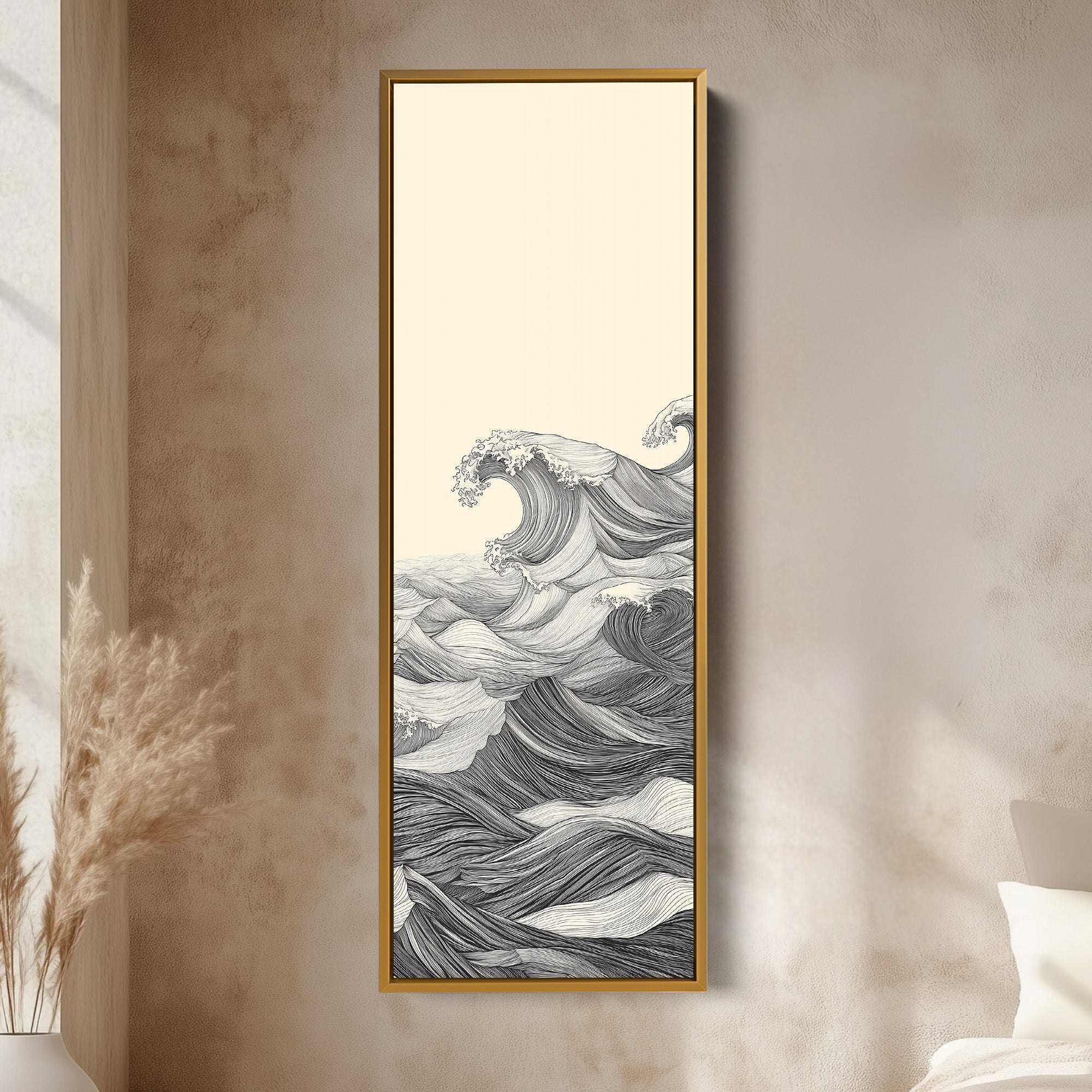 Vertical Abstract Ocean Wave Long Framed Canvas Decor