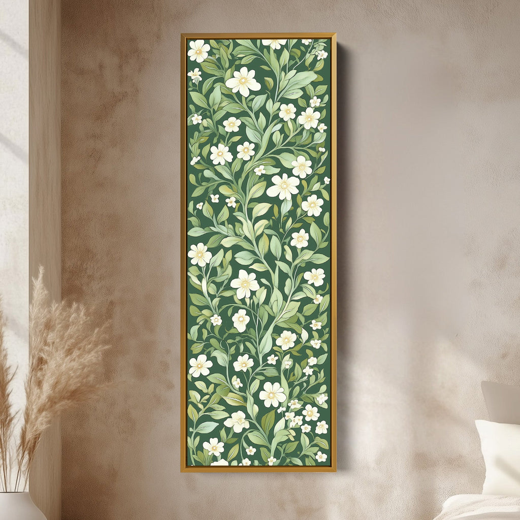 Framed Canvas Narrow Vertical White & Green Floral