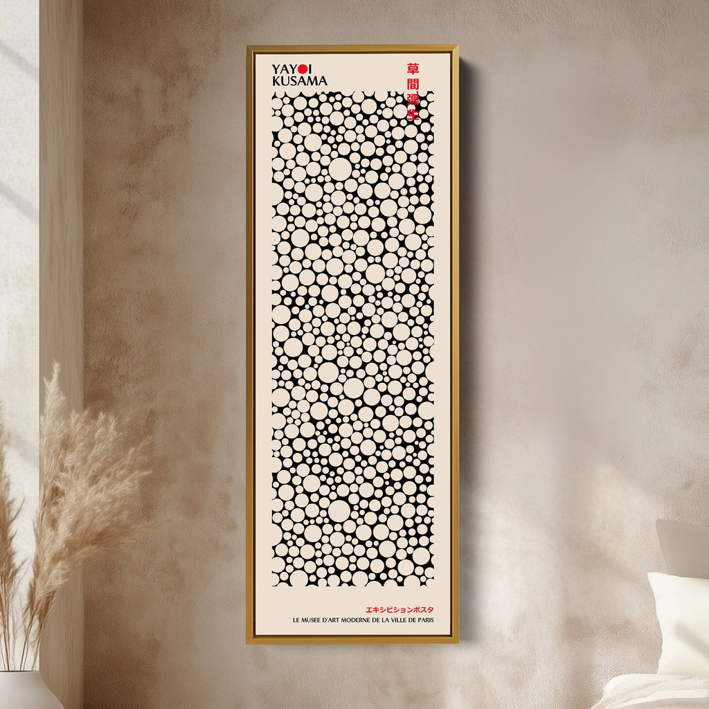 Yayoi Kusama Style Long Framed Canvas – Large Vertical Japanese Abstract Wall Art, Japandi Style, Japanese Poster Print