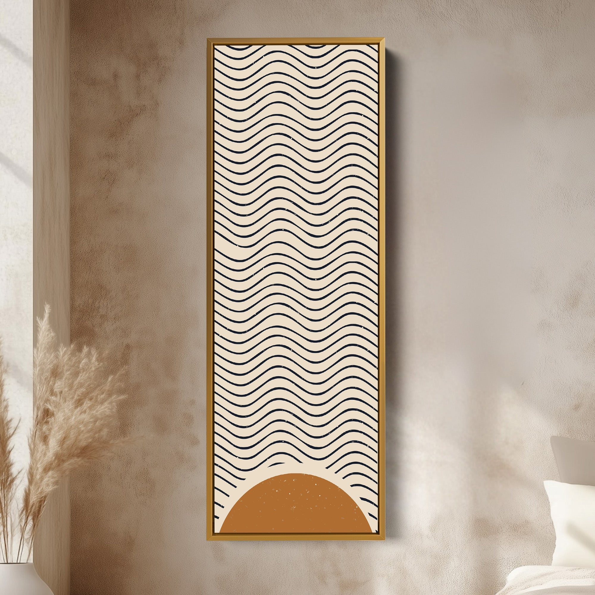 Minimalist Sunrise Waves Long Framed Canvas Wall Art for Hallway or Meditation Space