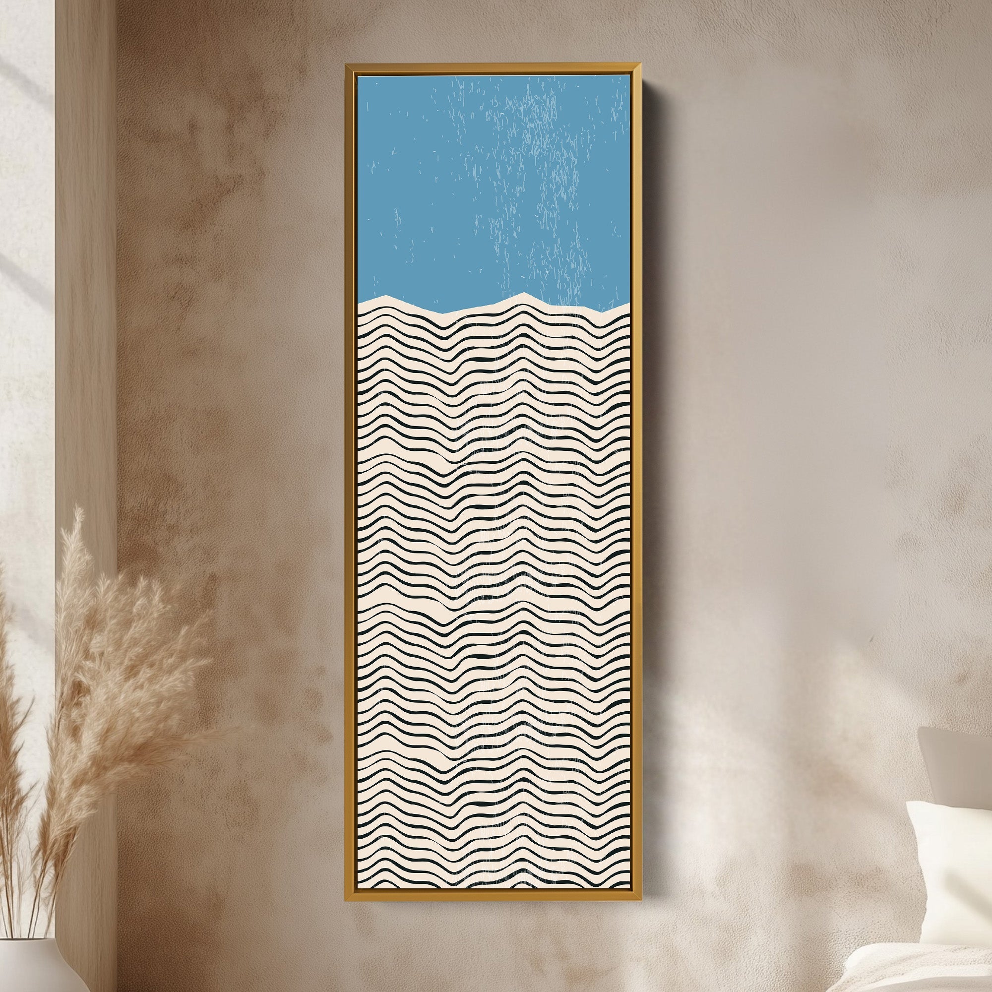 Modern Sunrise Waves Yellow Vertical Framed Canvas Wall Art for Hallway or Bedroom