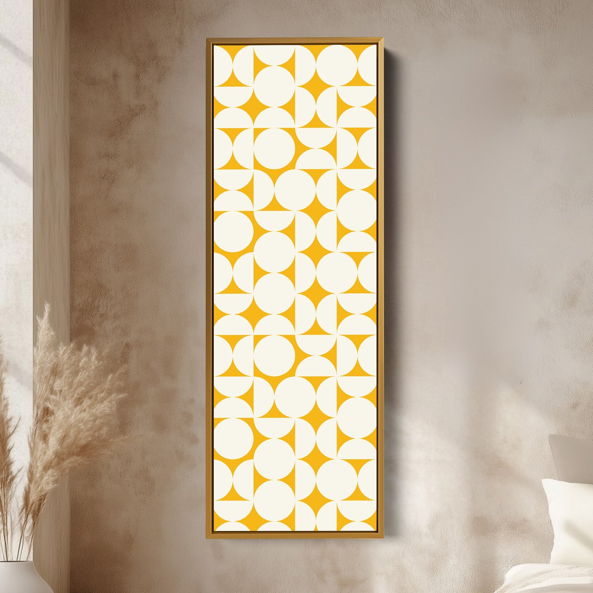 Geometric Mustard Circles Vertical Framed Canvas Wall Art for Living Room or Office