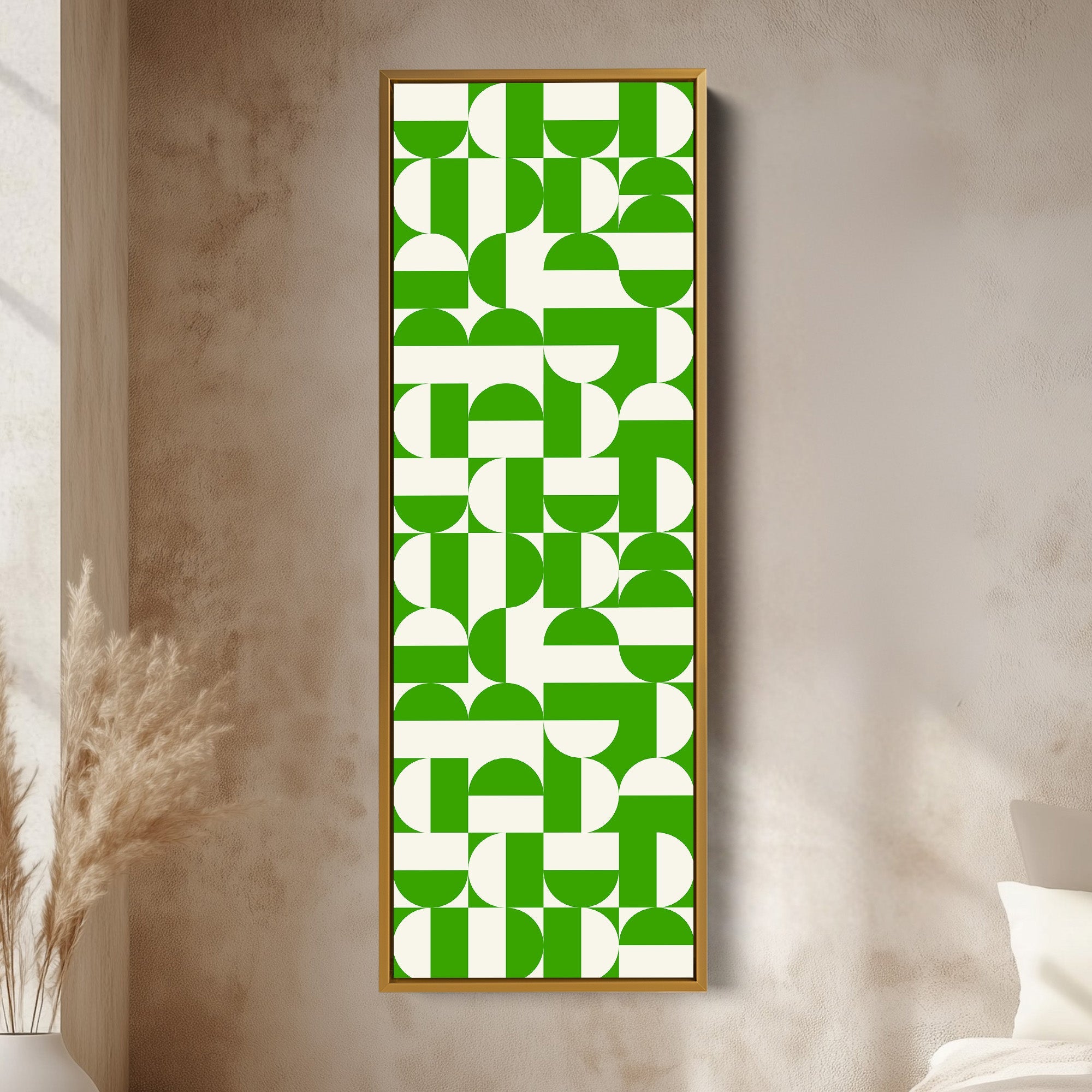 Geometric Green Circles Vertical Framed Canvas Wall Art for Hallway or Office