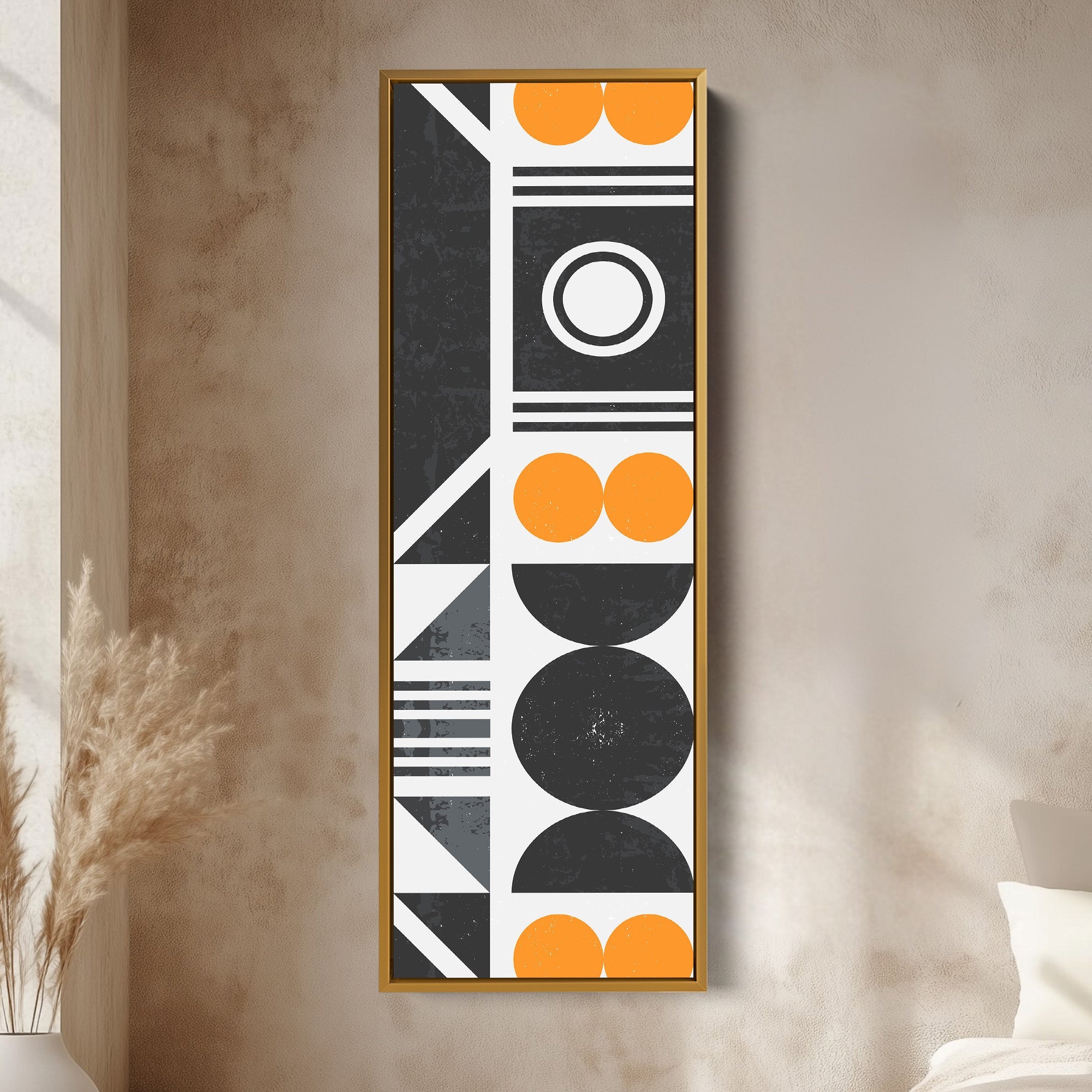 Retro Geometric Circles Vertical Framed Canvas Wall Art for Living Room or Hallway