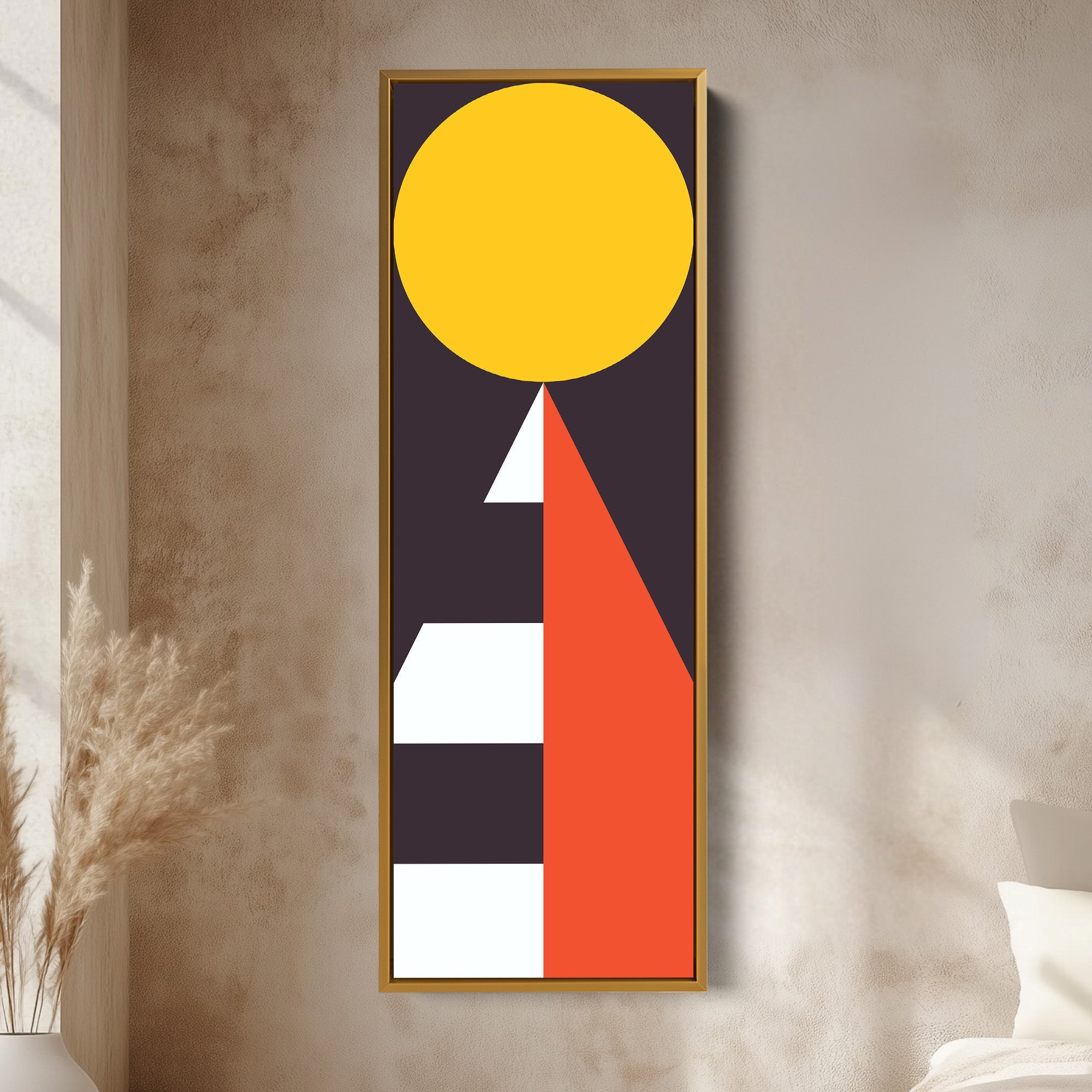 Modern Sun Geometry Vertical Framed Canvas Wall Art for Bedroom or Living Room