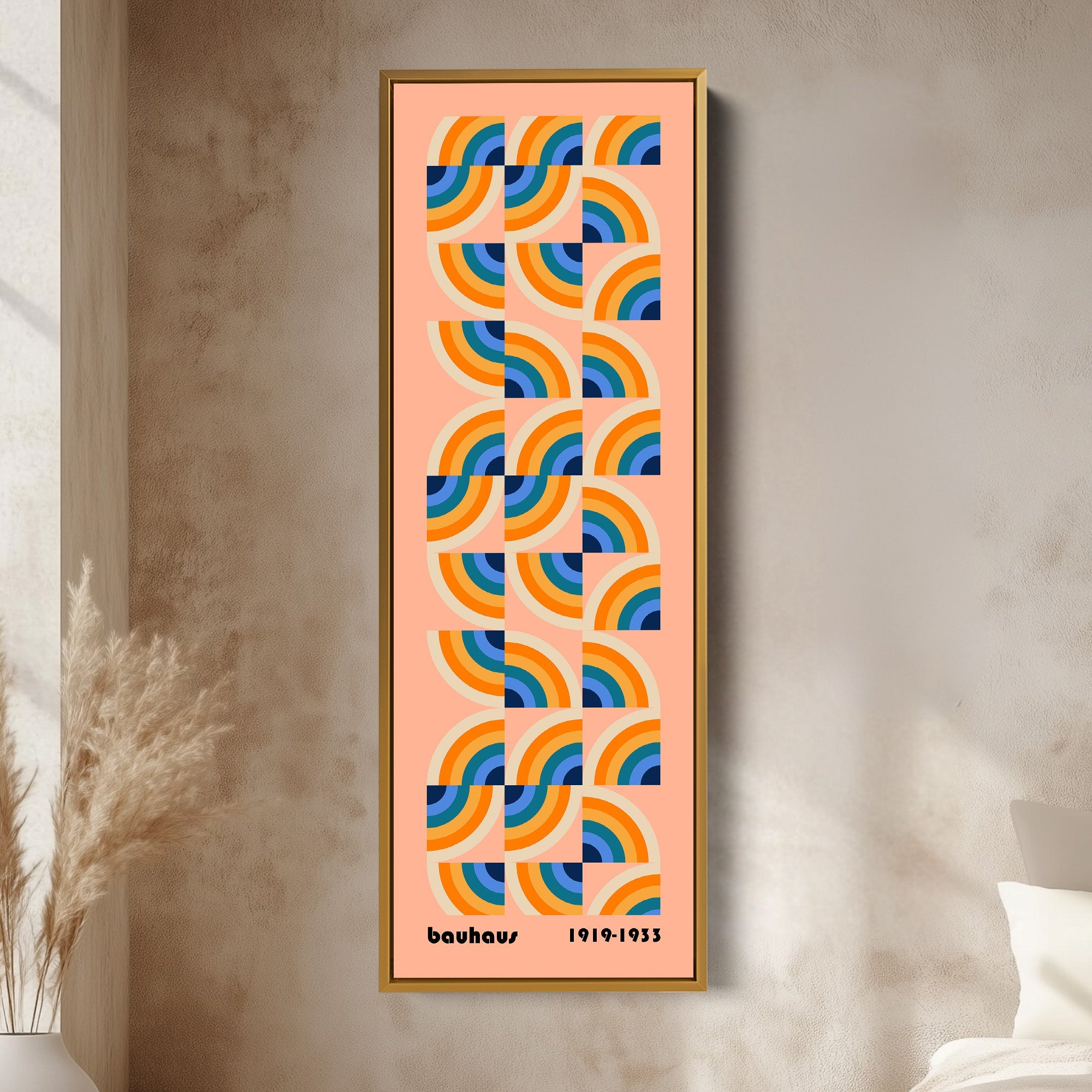 Vibrant Bauhaus Rainbow Arches Vertical Framed Canvas Wall Art for Living Room or Office