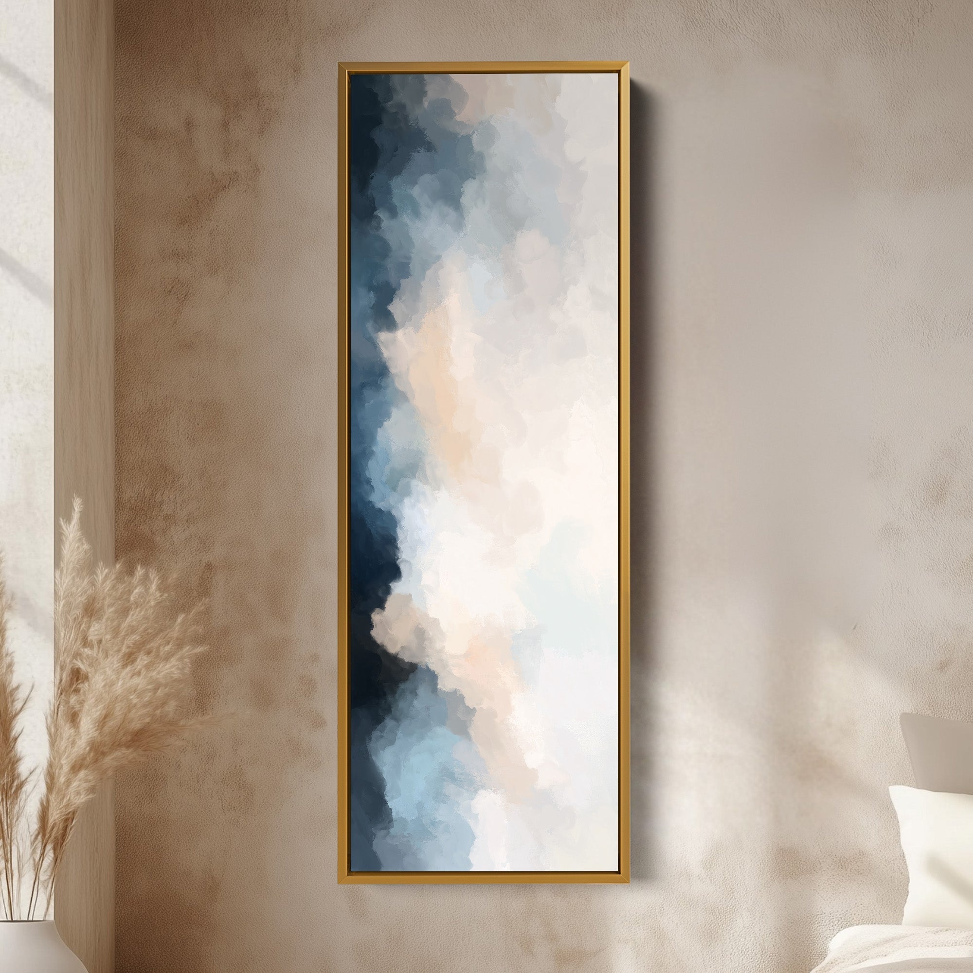Vertical Wall Art Blue Beige Tall Modern Abstract Wall Art