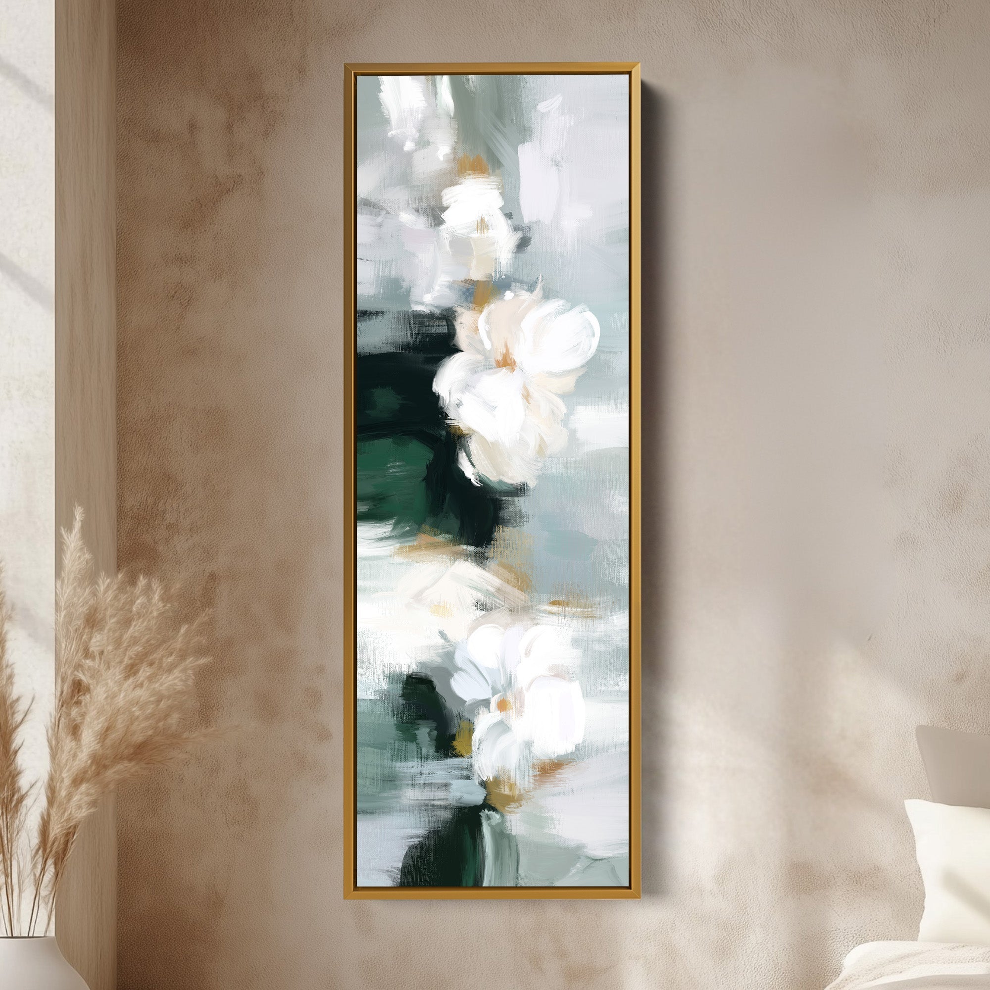 Vertical Wall Art White Floral On Deep Green For Bedroom Or Hallway