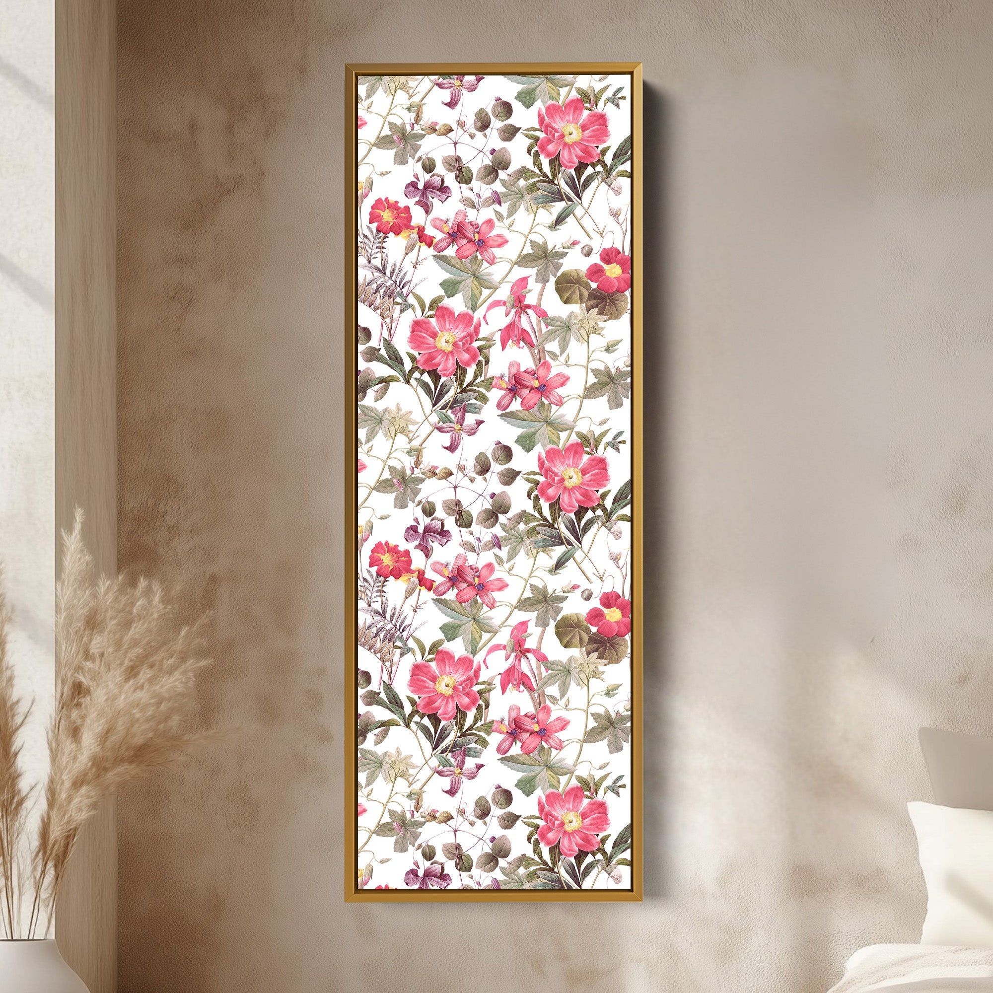 Tall Narrow Canvas Vintage Pink Floral Vertical Canvas For Living Room