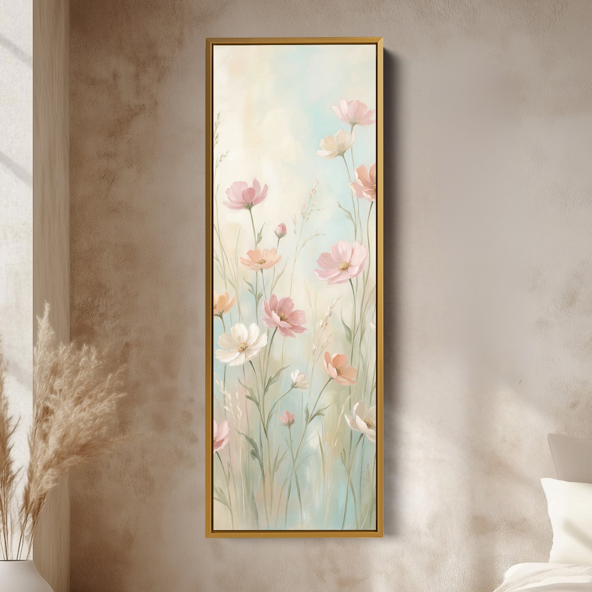 Long Wall Art Soft Pink Wildflowers Statement Wall Decor For Bedroom
